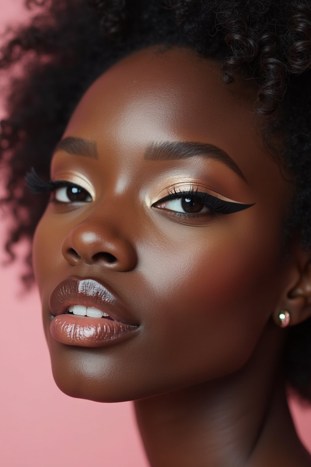 close-up of Model sporting winged eyeliner and matte skin finish. set against a soft, pastel background