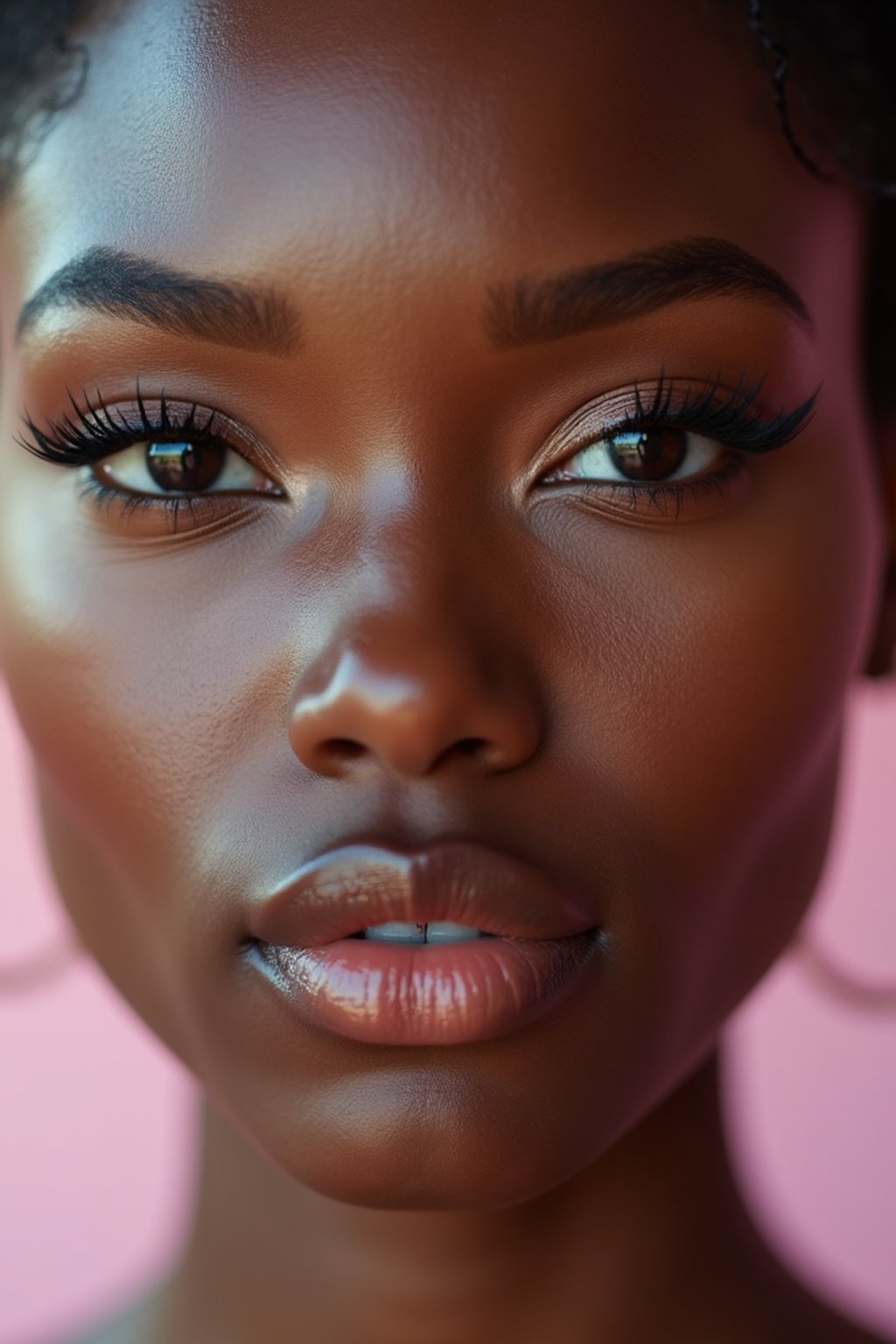 close-up of Model sporting winged eyeliner and matte skin finish. set against a soft, pastel background