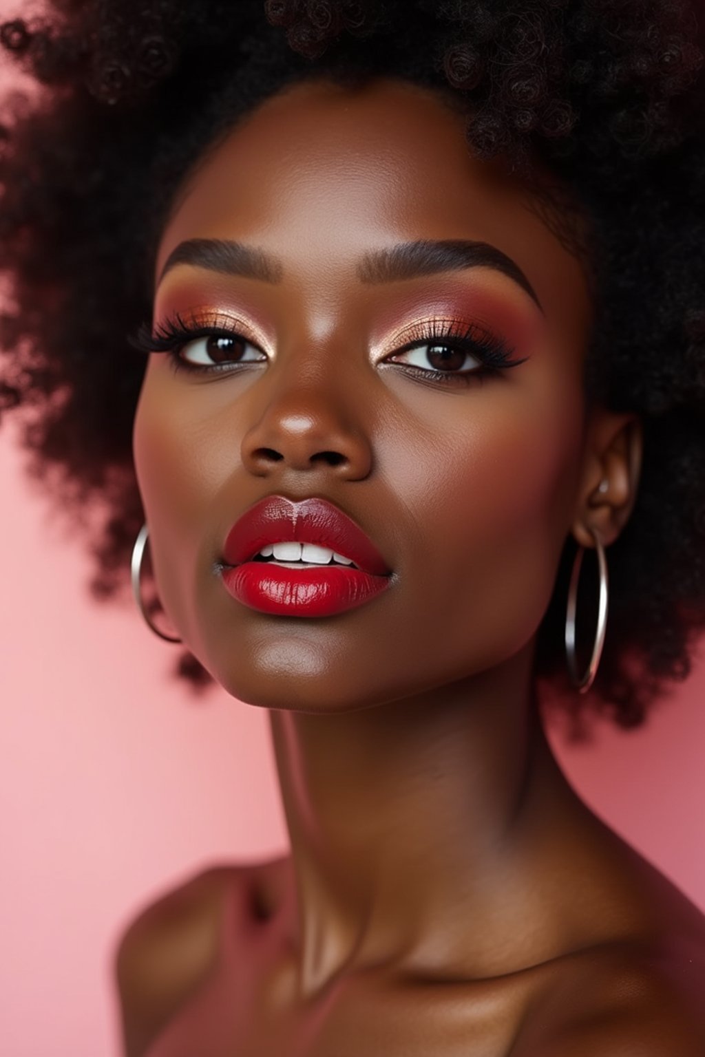 close-up of Model with a bold red lipstick and smokey eye makeup, set against a soft, pastel background