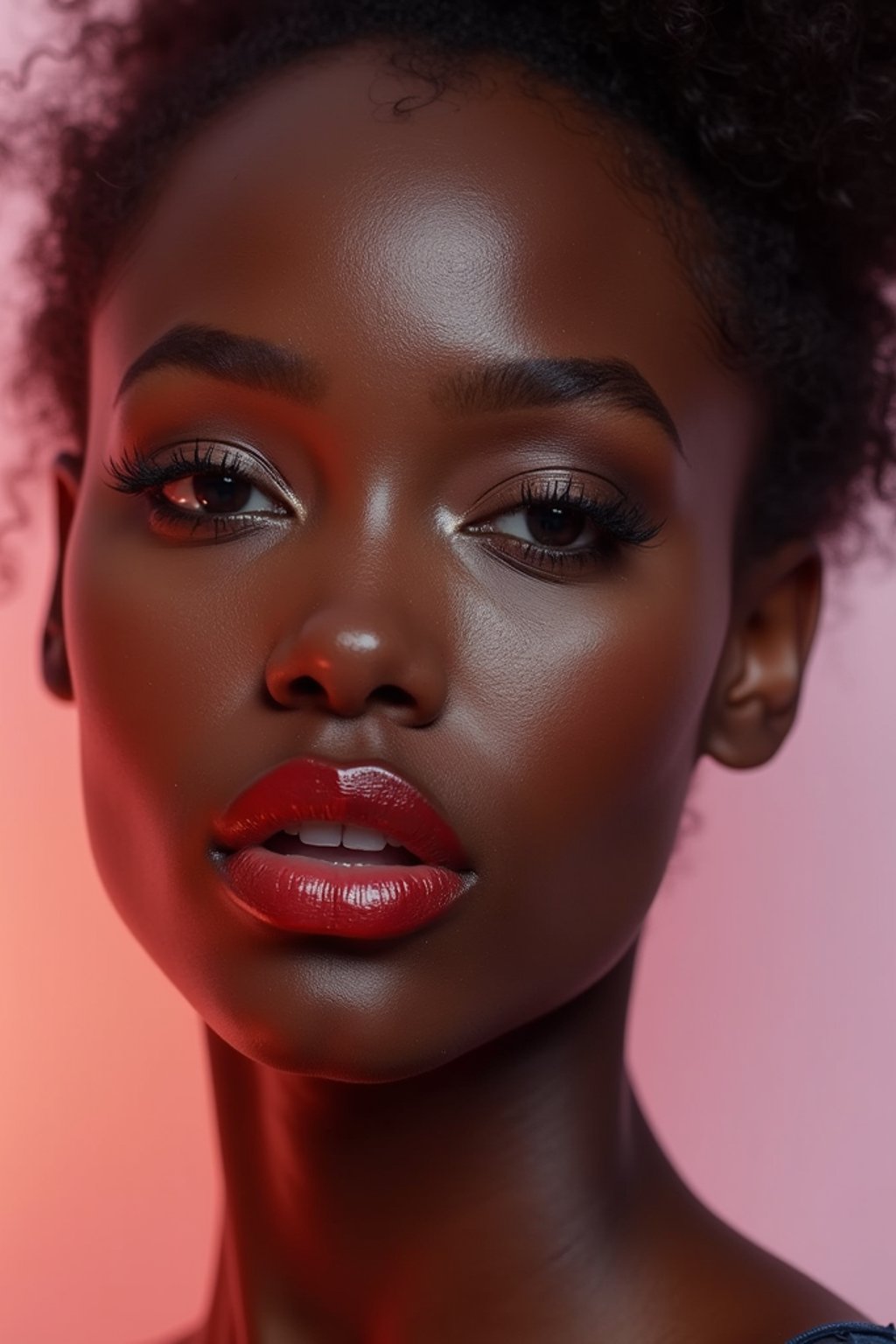 close-up of Model with a bold red lipstick and smokey eye makeup, set against a soft, pastel background