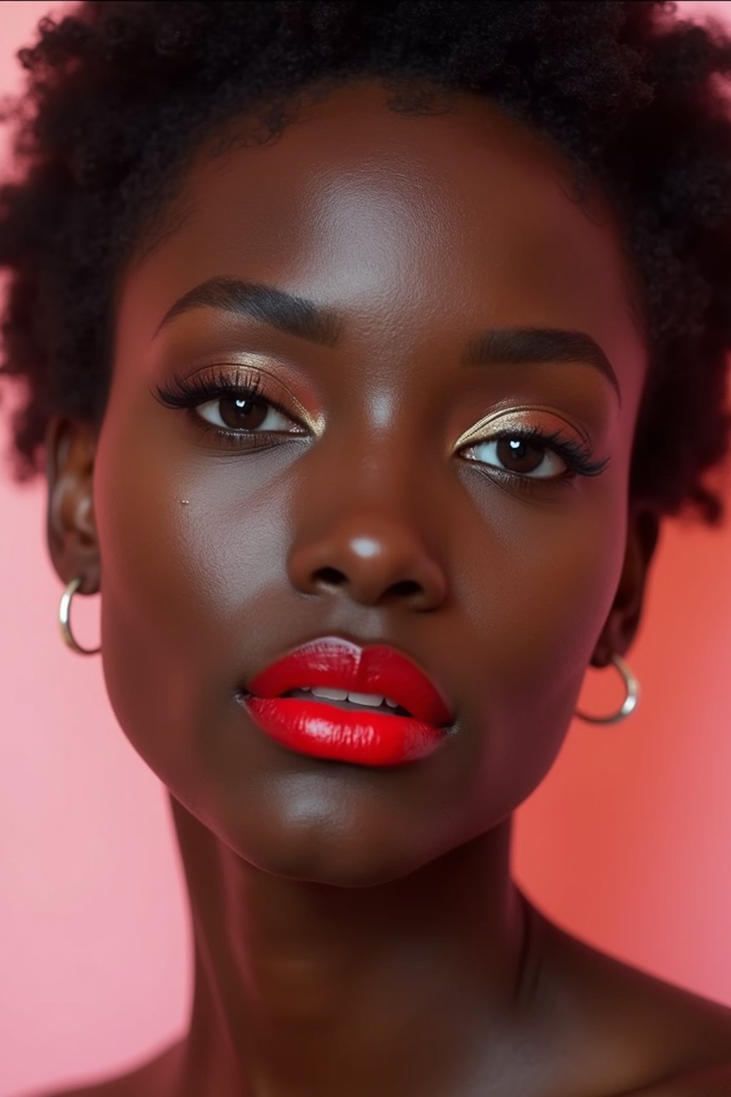 close-up of Model with a bold red lipstick and smokey eye makeup, set against a soft, pastel background