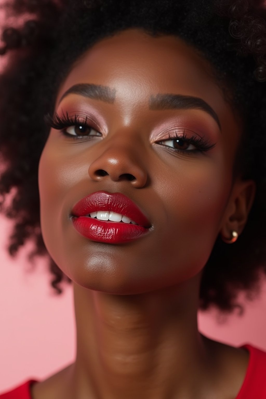 close-up of Model with a bold red lipstick and smokey eye makeup, set against a soft, pastel background