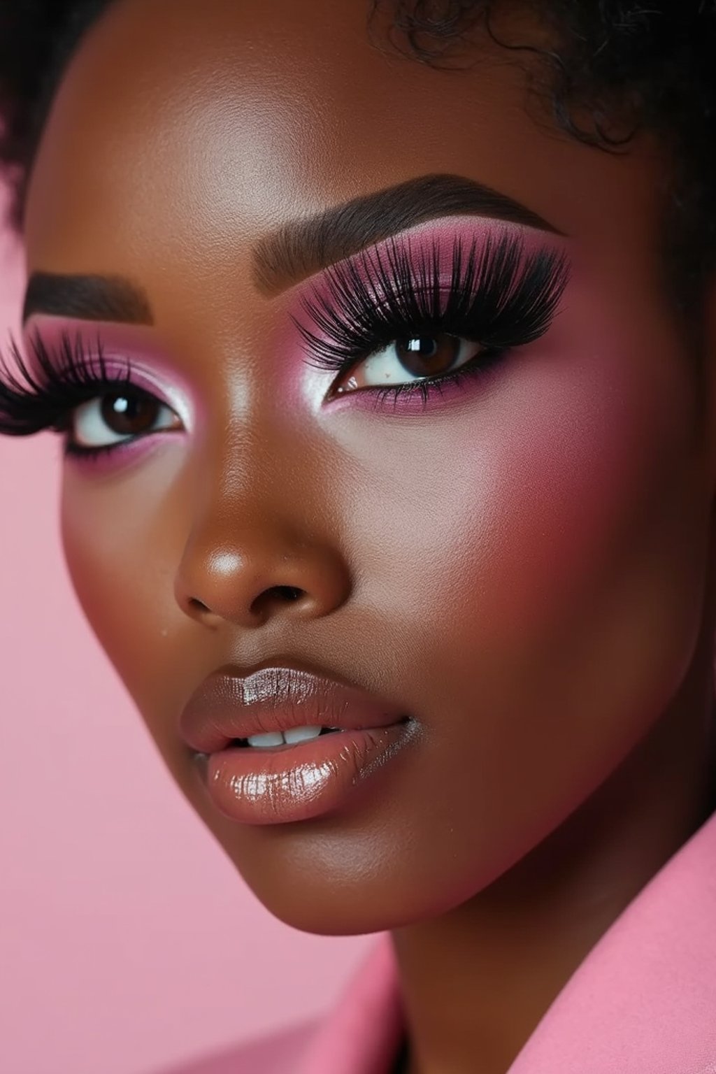 close-up of woman showcasing an Korean-style manga makeup look on woman, featuring oversized, dramatically long eyelashes that create a wide-eyed, whimsical appearance. The look is completed with bold, graphic eyeliner and a subtle blush to enhance the youthful and playful vibe. set against a soft, pastel background