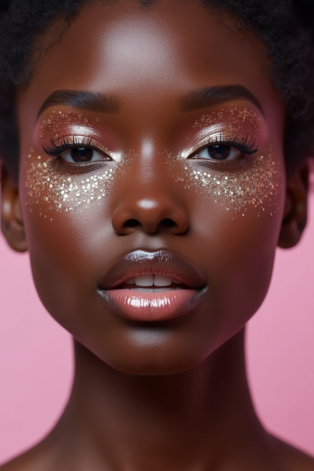 close-up of woman with glittery eye shadow and high-shine gloss, set against a soft, pastel background