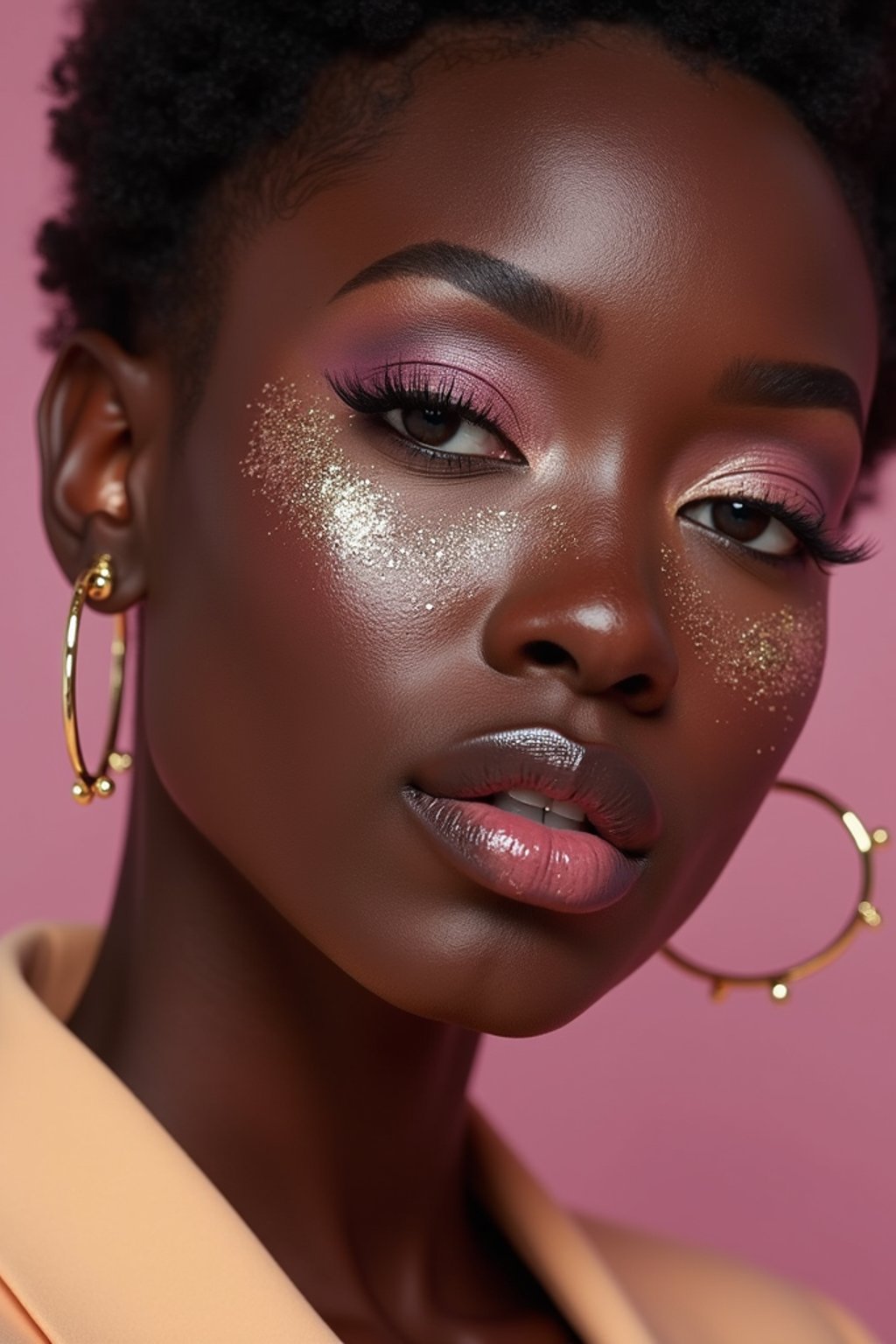 close-up of woman with glittery eye shadow and high-shine gloss, set against a soft, pastel background