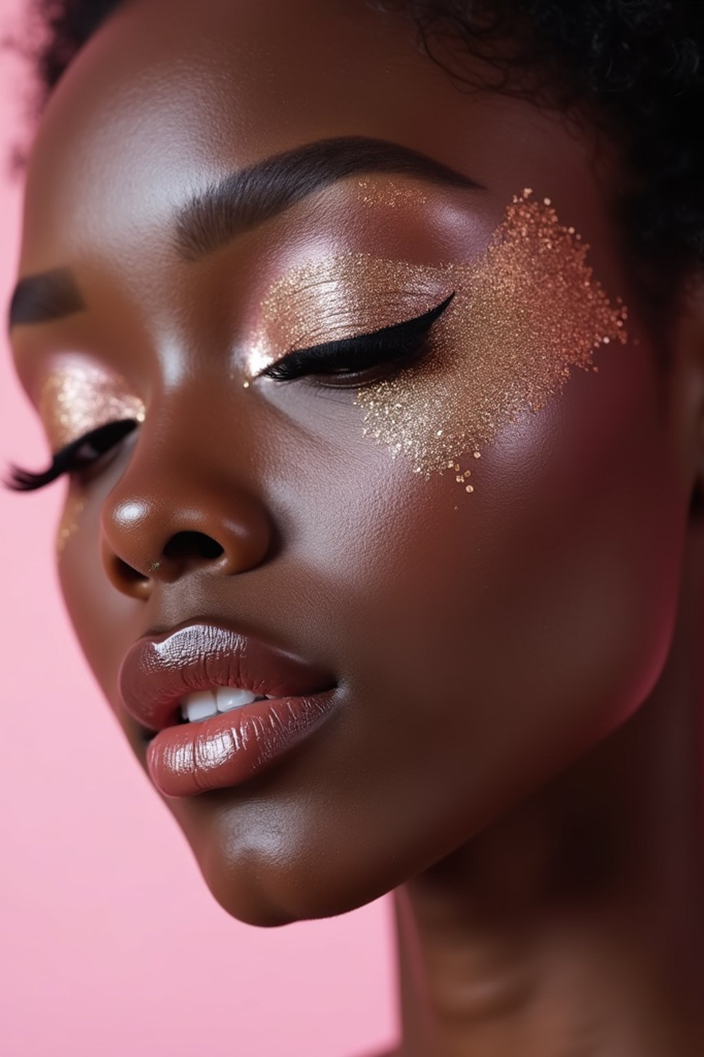 close-up of woman with glittery eye shadow and high-shine gloss, set against a soft, pastel background