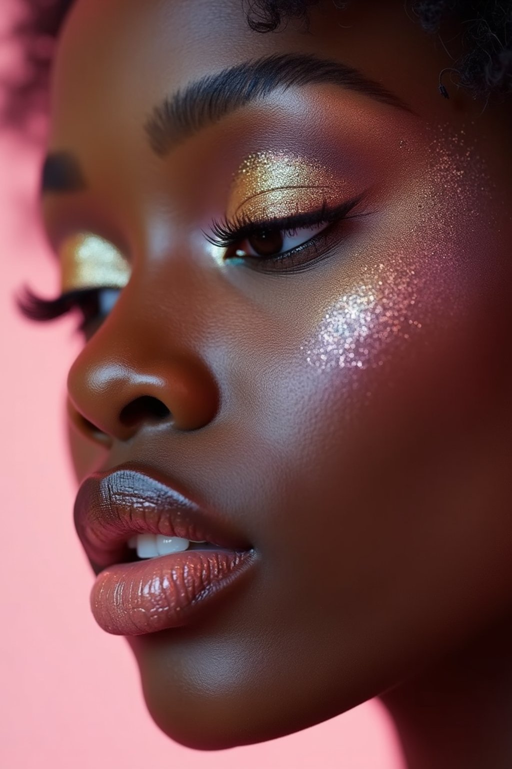 close-up of woman with glittery eye shadow and high-shine gloss, set against a soft, pastel background