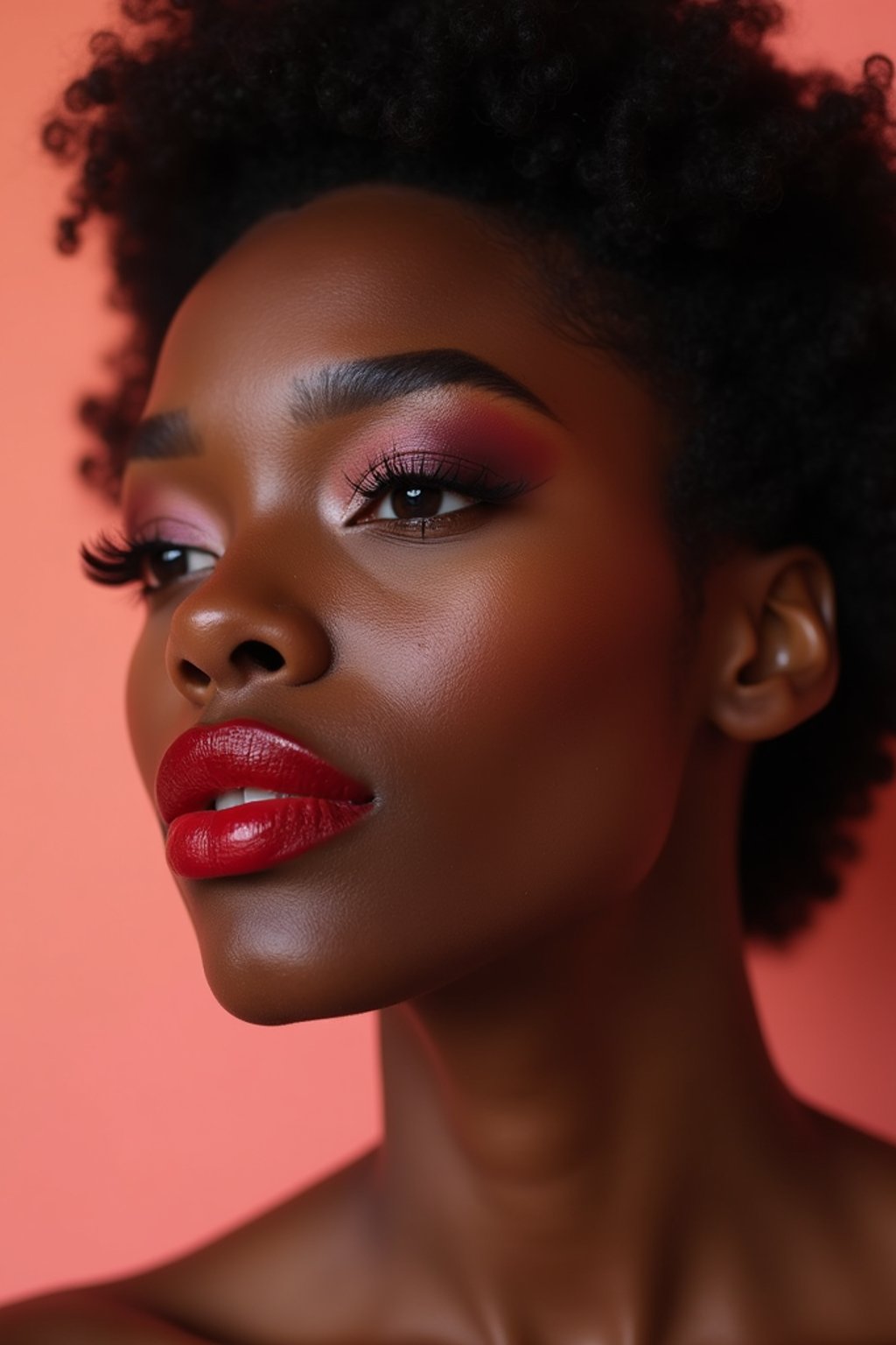 close up of woman with a bold red lipstick and smokey eye makeup. set against a soft, pastel background