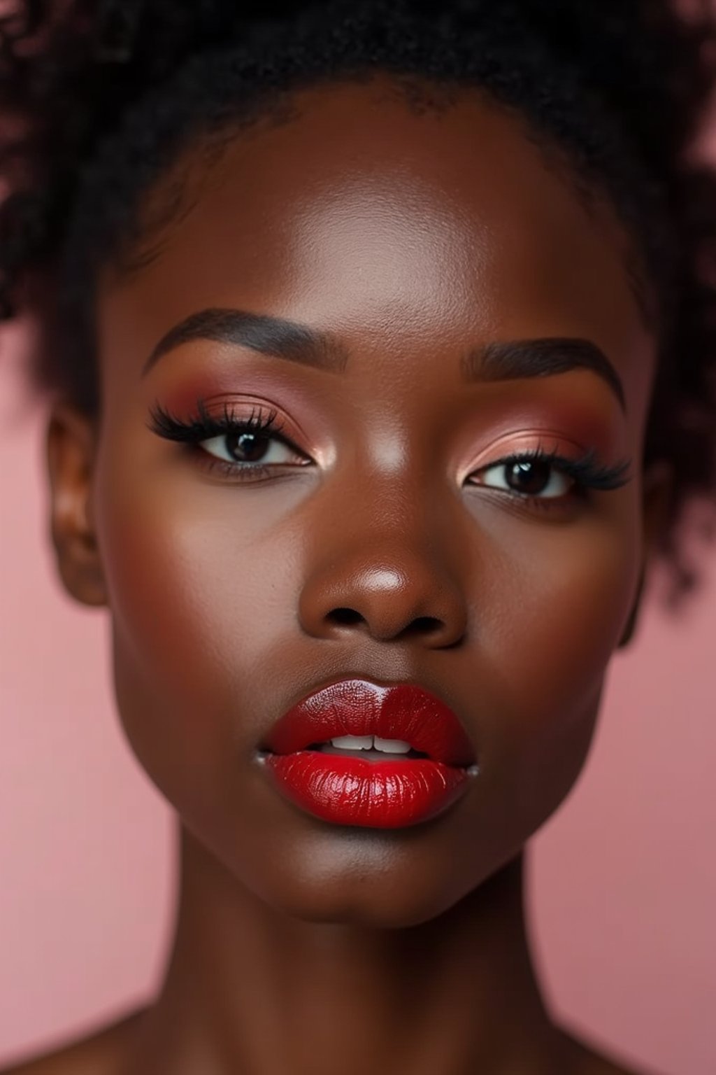 close up of woman with a bold red lipstick and smokey eye makeup. set against a soft, pastel background