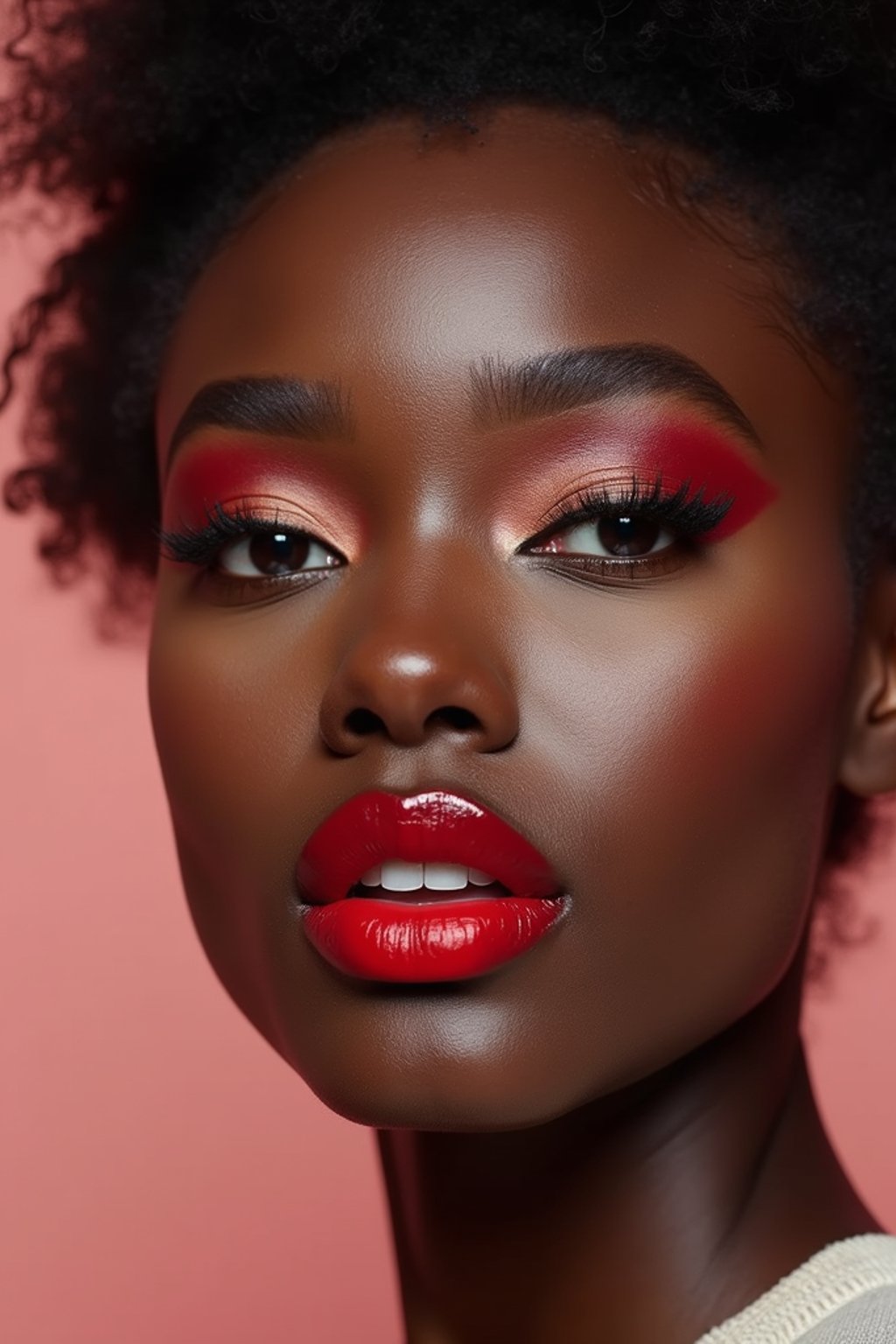 close up of woman with a bold red lipstick and smokey eye makeup. set against a soft, pastel background