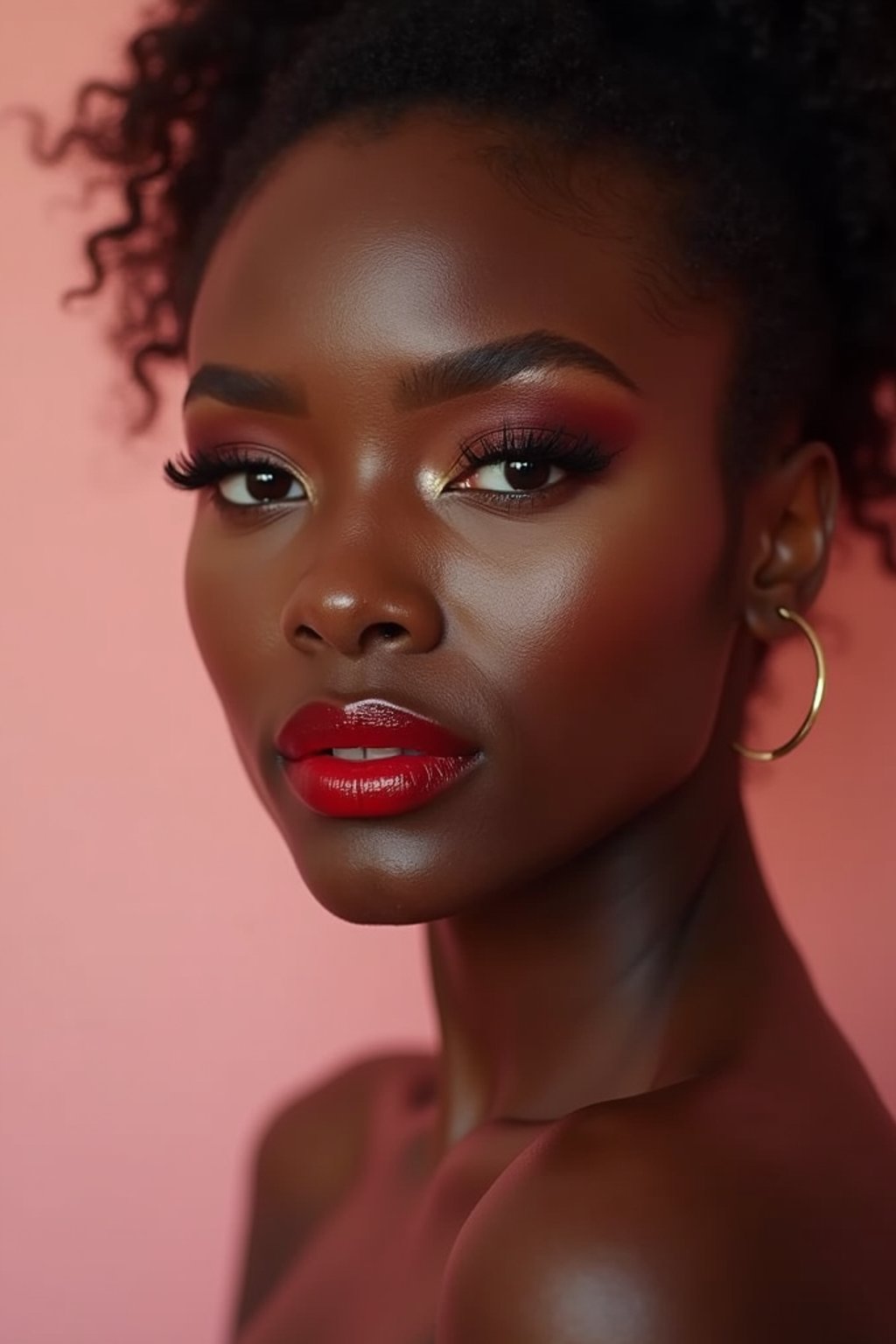 close up of woman with a bold red lipstick and smokey eye makeup. set against a soft, pastel background