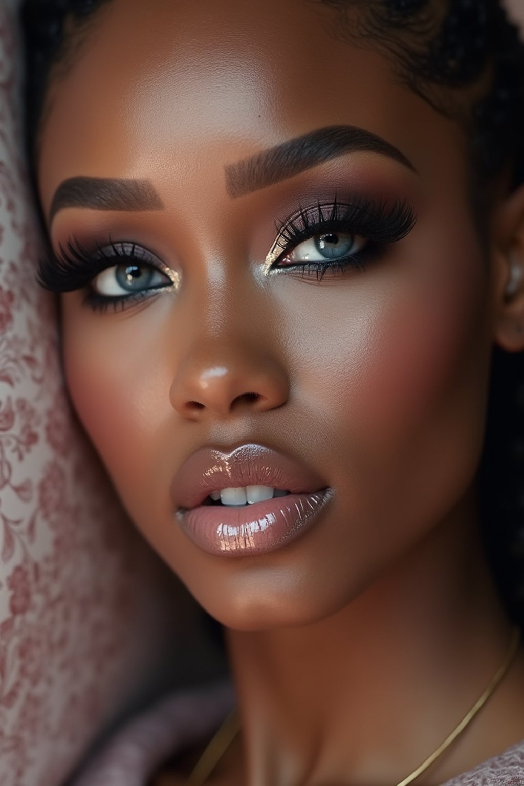 close up of woman with heavy smokey eye makeup, fake big eyelashes with lash lift.  dark black eyeshadow and thick eyeliner. contoured eyebrows. glossy reflective lipgloss. blue eye lenses. set against a soft, pastel background.