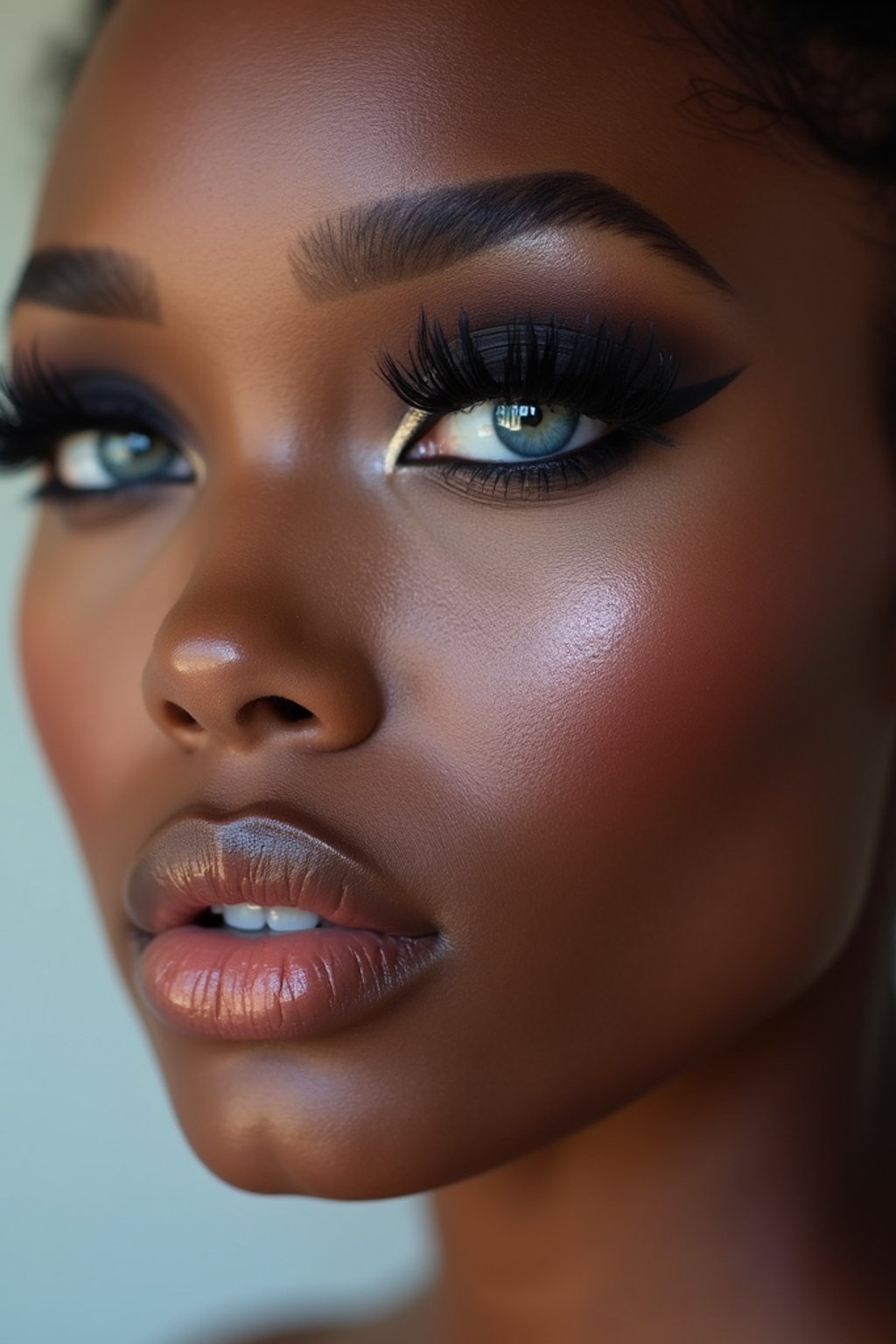 close up of woman with heavy smokey eye makeup, fake big eyelashes with lash lift.  dark black eyeshadow and thick eyeliner. contoured eyebrows. glossy reflective lipgloss. blue eye lenses. set against a soft, pastel background.