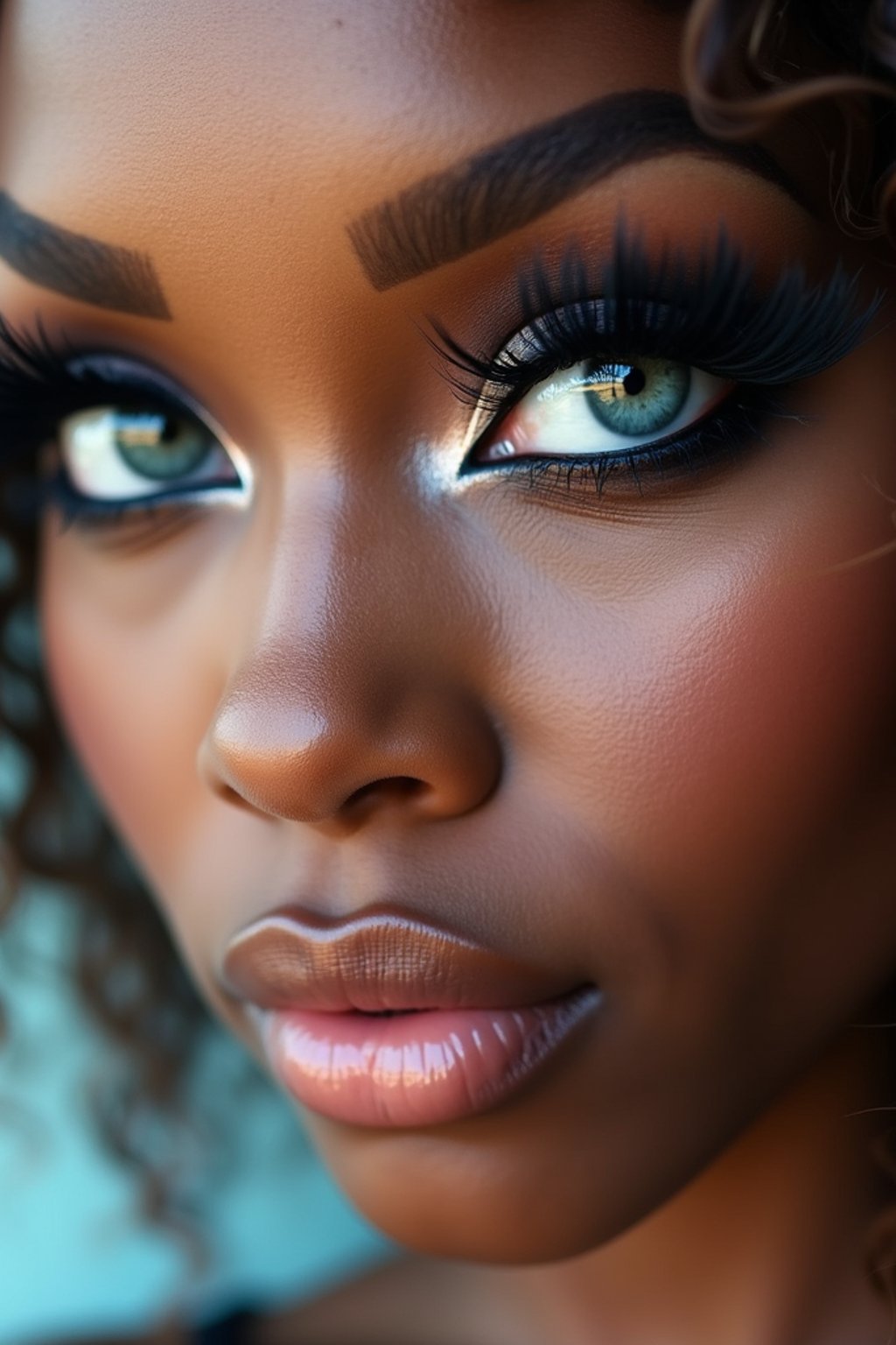 close up of woman with heavy smokey eye makeup, fake big eyelashes with lash lift.  dark black eyeshadow and thick eyeliner. contoured eyebrows. glossy reflective lipgloss. blue eye lenses. set against a soft, pastel background.