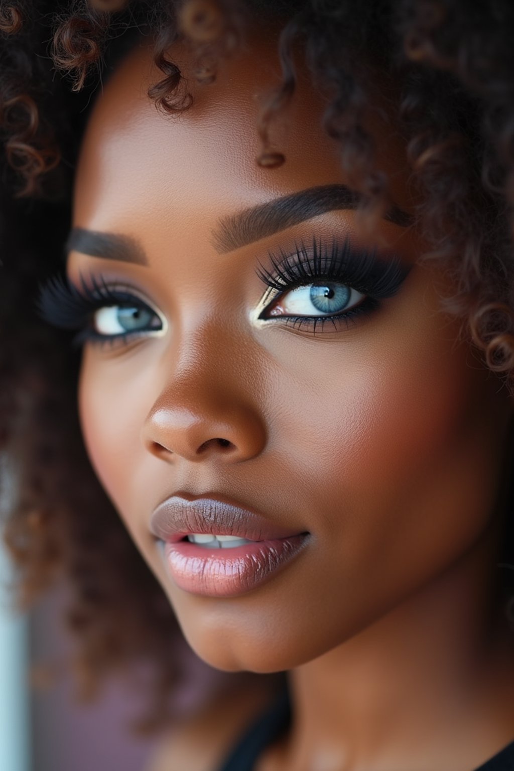 close up of woman with heavy smokey eye makeup, fake big eyelashes with lash lift.  dark black eyeshadow and thick eyeliner. contoured eyebrows. glossy reflective lipgloss. blue eye lenses. set against a soft, pastel background.