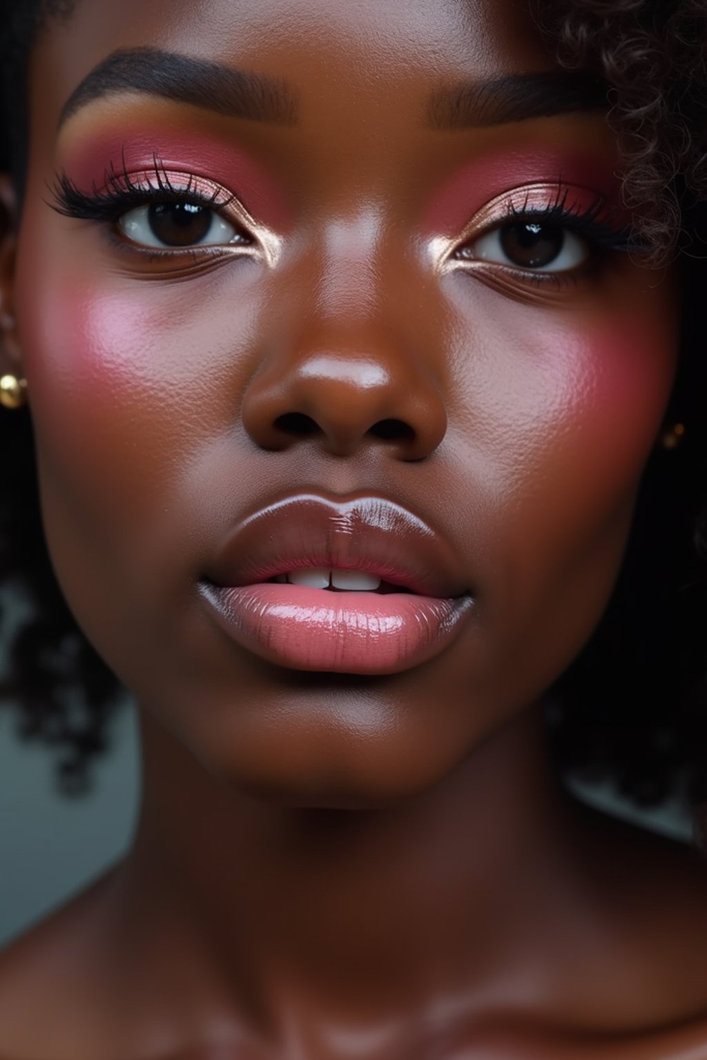 close up of woman with glossy reflective skin with blush and 3d lipgloss. soft pink eyeshadow. eyeliner.