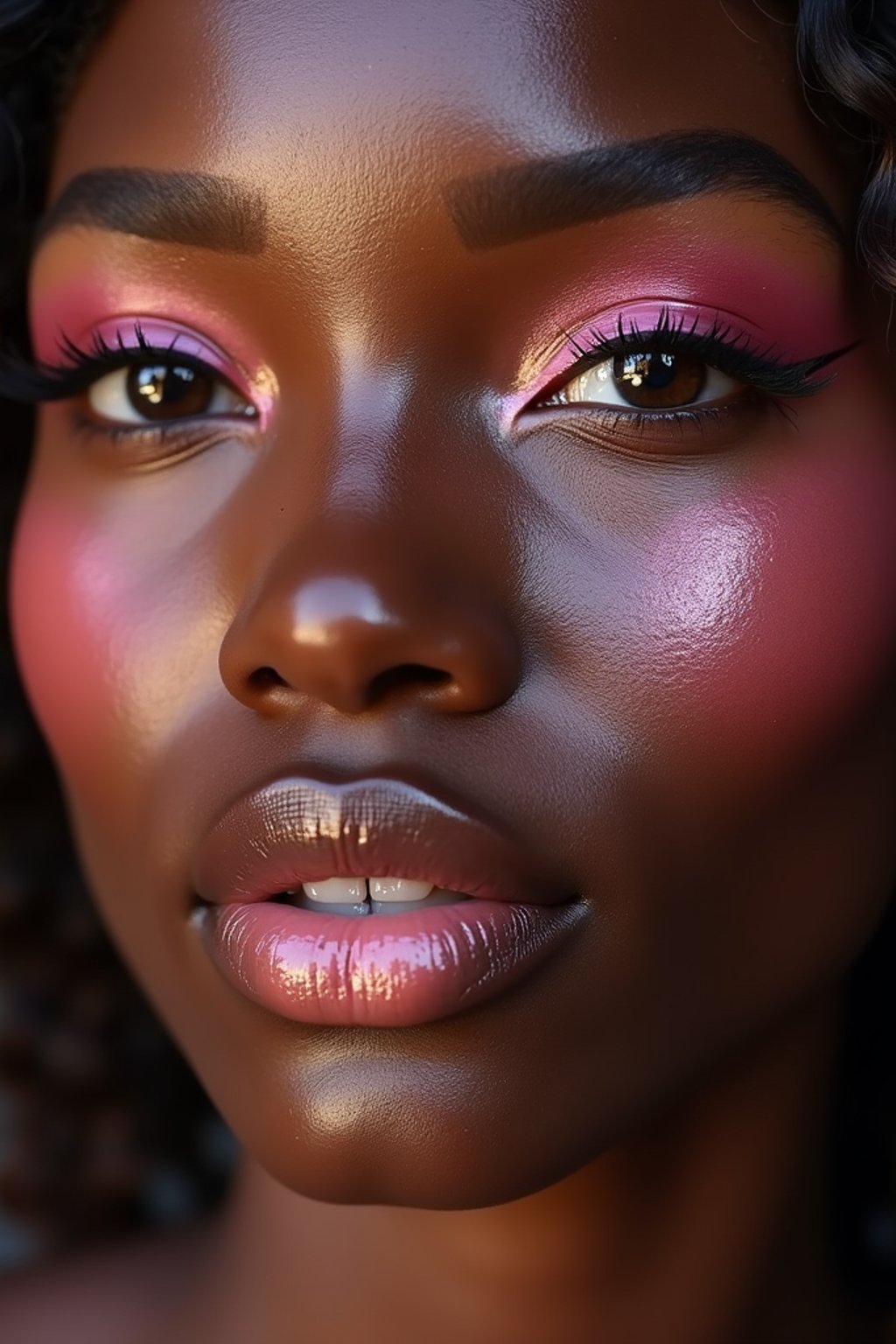 close up of woman with glossy reflective skin with blush and 3d lipgloss. soft pink eyeshadow. eyeliner.