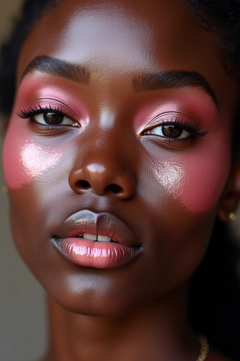 close up of woman with glossy reflective skin with blush and 3d lipgloss. soft pink eyeshadow. eyeliner.