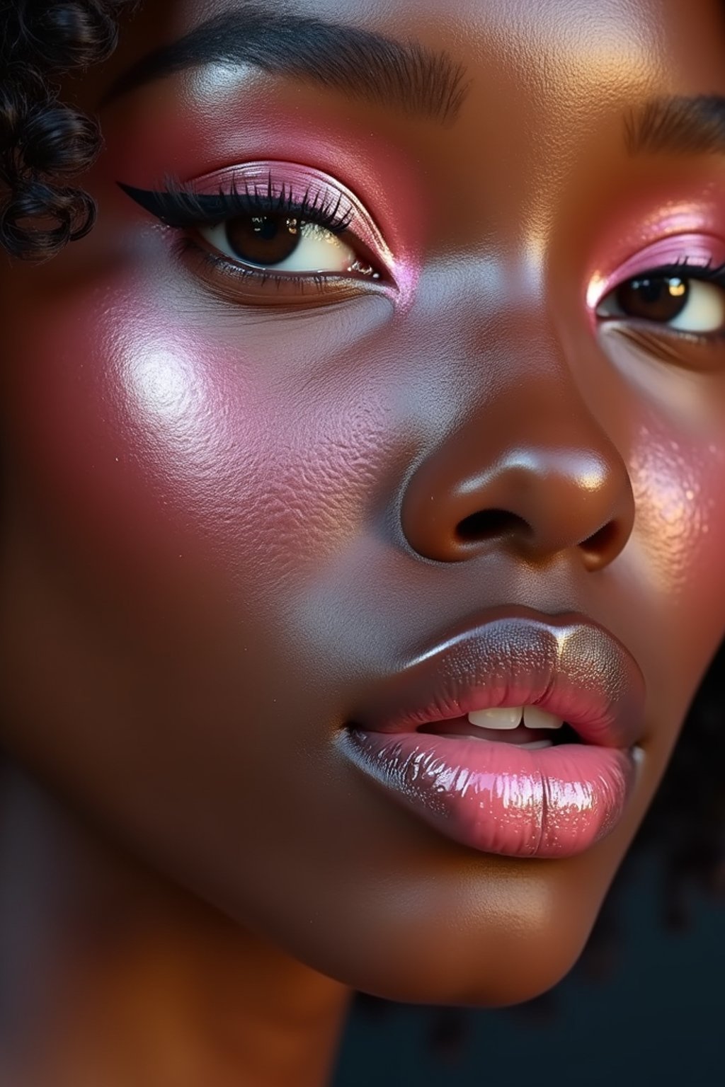 close up of woman with glossy reflective skin with blush and 3d lipgloss. soft pink eyeshadow. eyeliner.