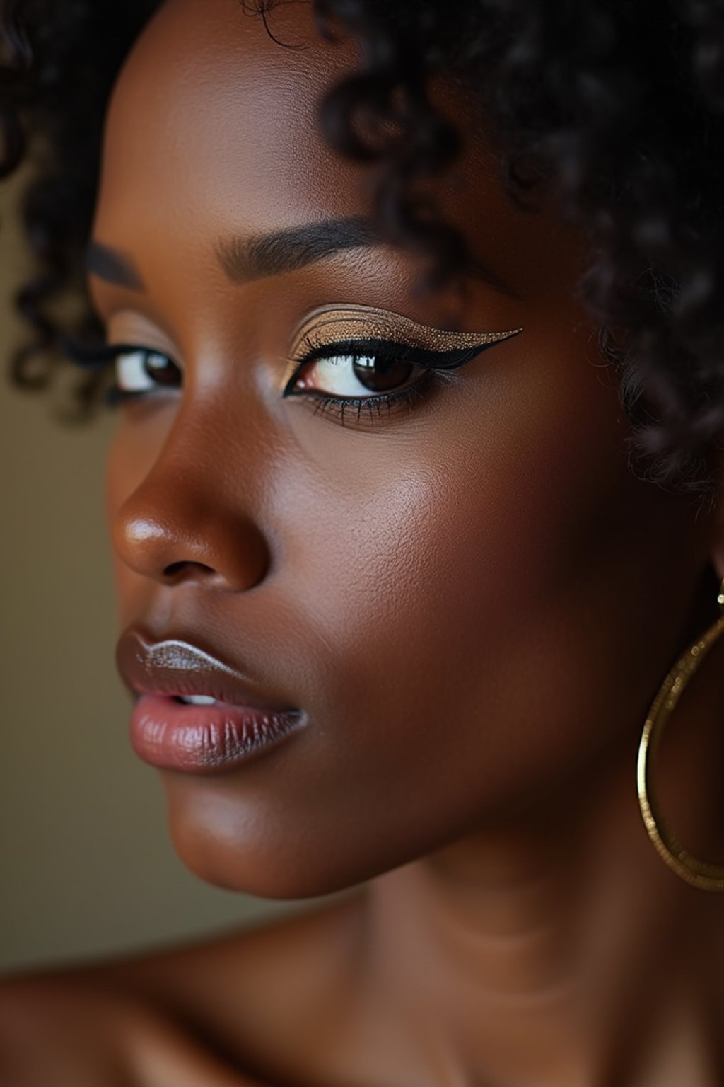 close up of woman with thick eyeliner makeup