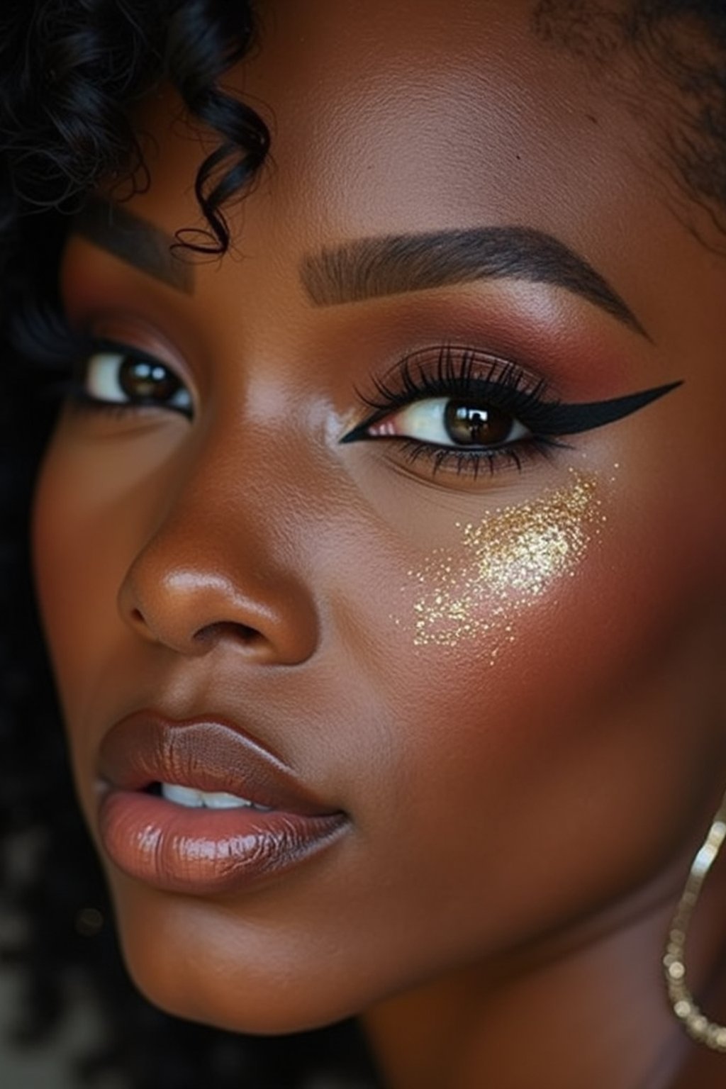 close up of woman with thick eyeliner makeup