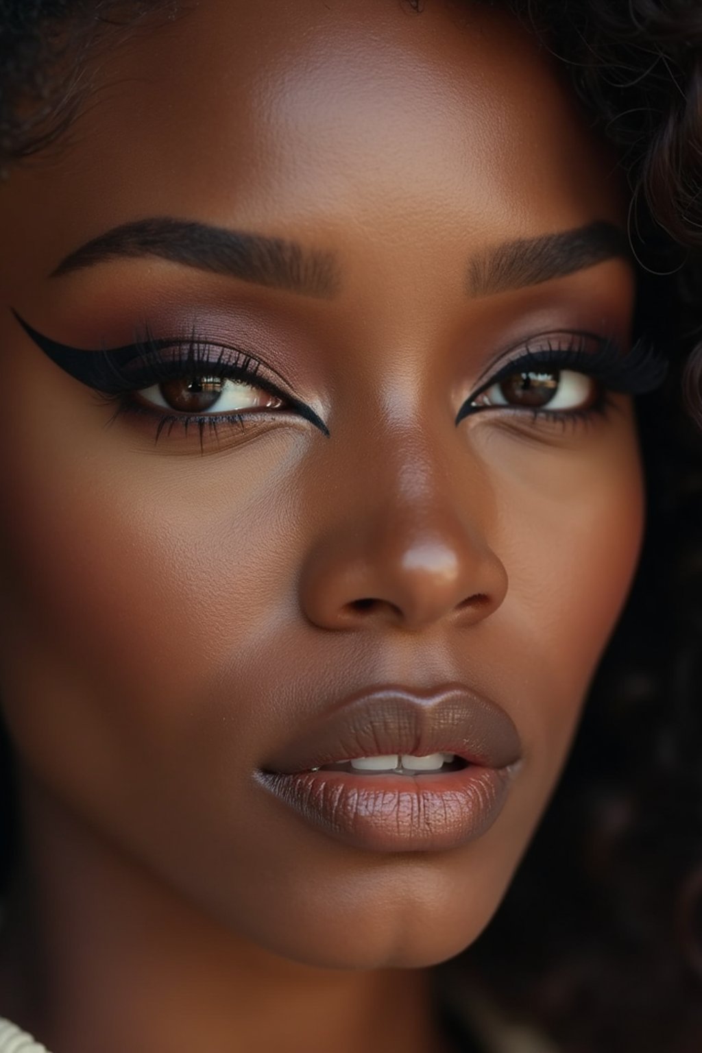 close up of woman with thick eyeliner makeup