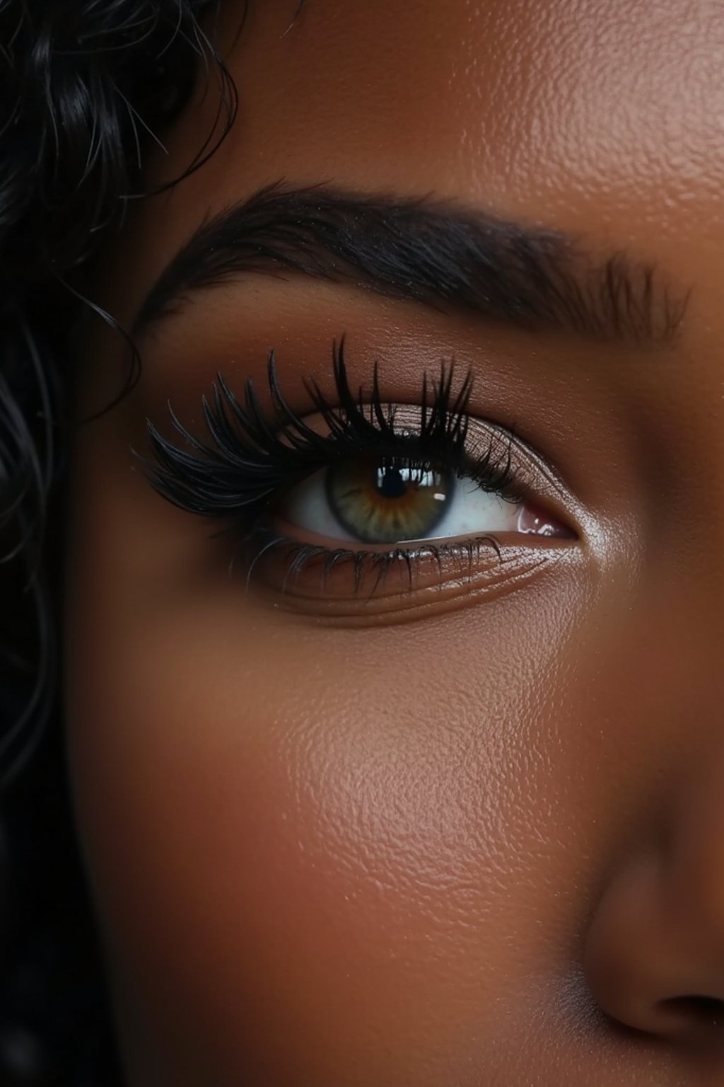 close up of woman with thick eyeliner makeup. eyeliner above eye. star eye lashes