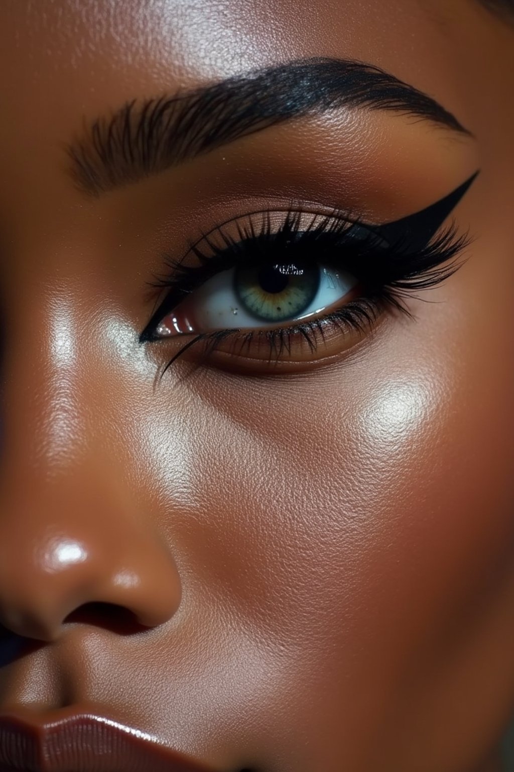 close up of woman with thick eyeliner makeup. eyeliner above eye. star eye lashes