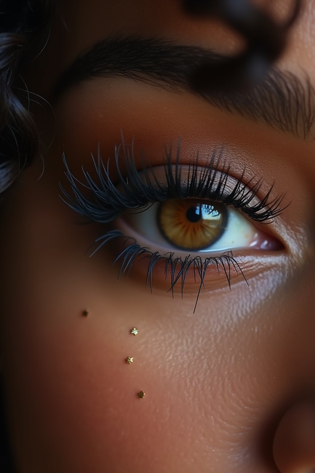 close up of woman with thick eyeliner makeup. eyeliner above eye. star eye lashes