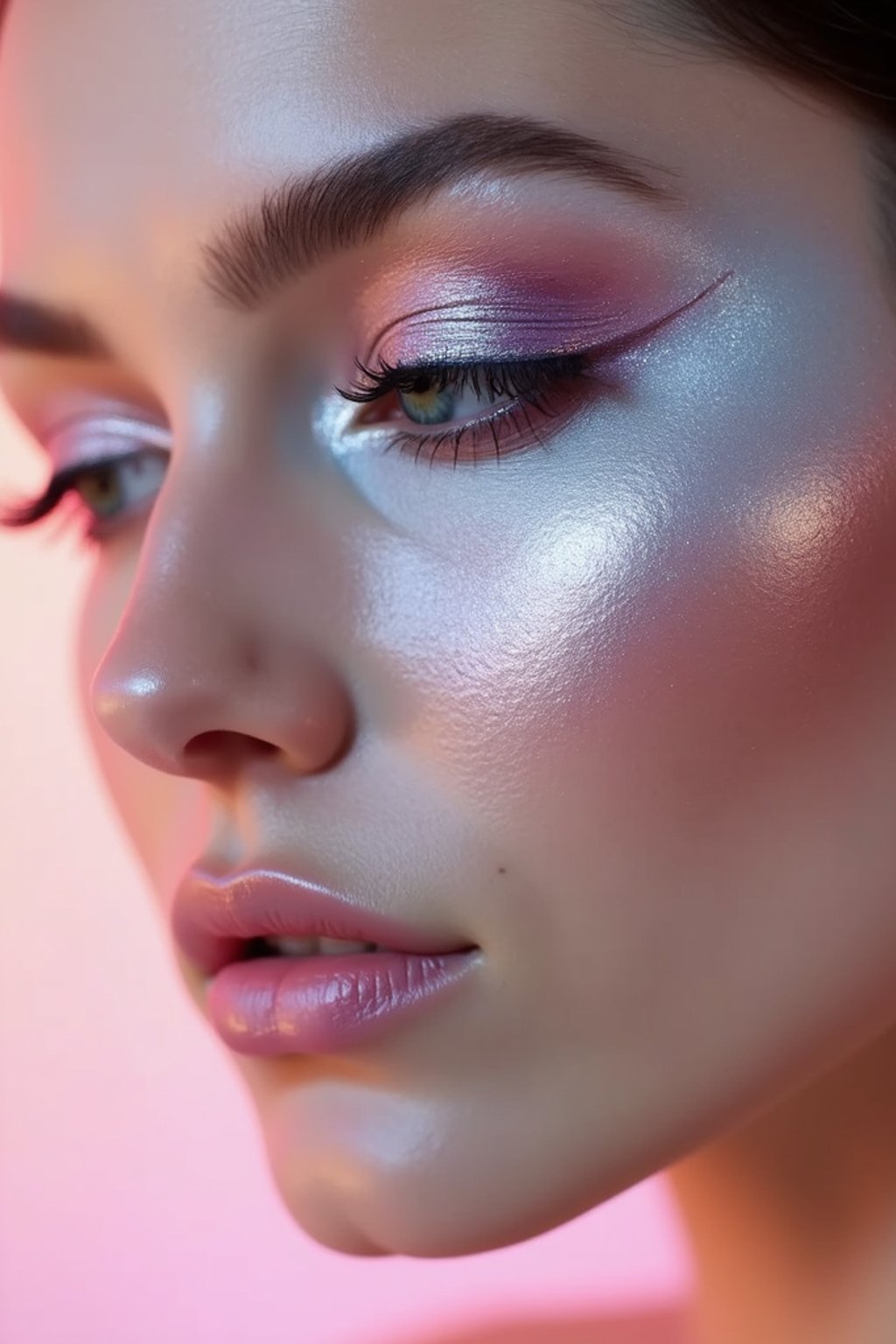 close-up of Futuristic makeup with metallic eyeshadow and sharp contouring. set against a soft, pastel background