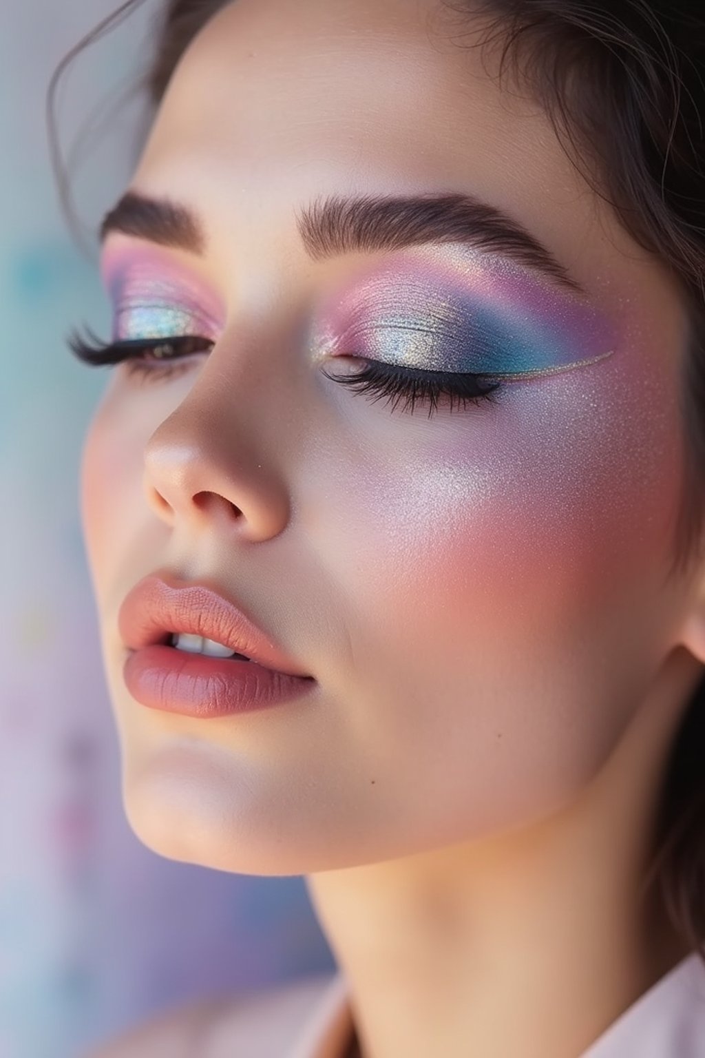 close-up of Futuristic makeup with metallic eyeshadow and sharp contouring. set against a soft, pastel background