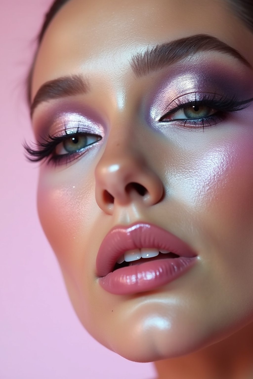 close-up of Futuristic makeup with metallic eyeshadow and sharp contouring. set against a soft, pastel background