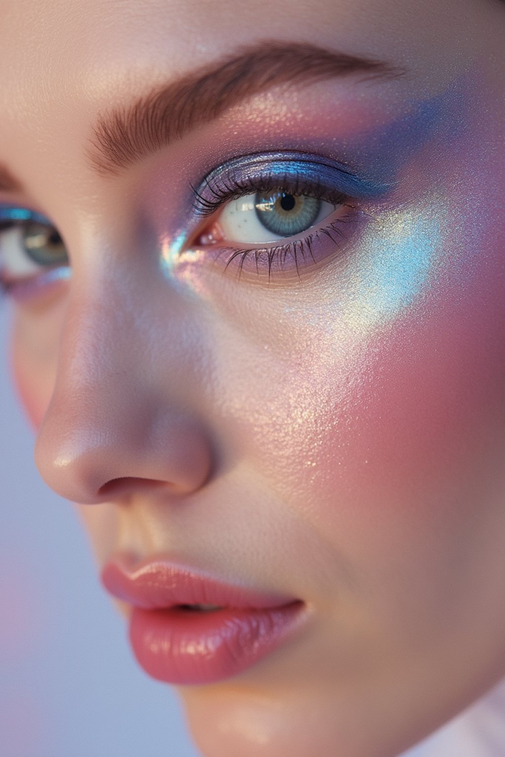 close-up of Futuristic makeup with metallic eyeshadow and sharp contouring. set against a soft, pastel background