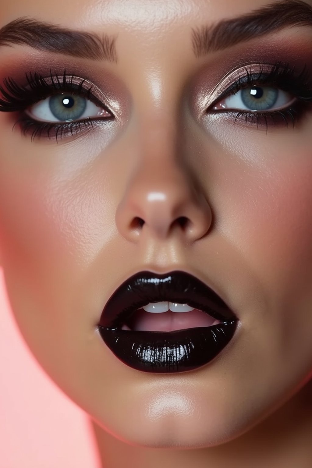 close-up of Edgy makeup look with dark, glossy lips and contoured cheeks. set against a soft, pastel background