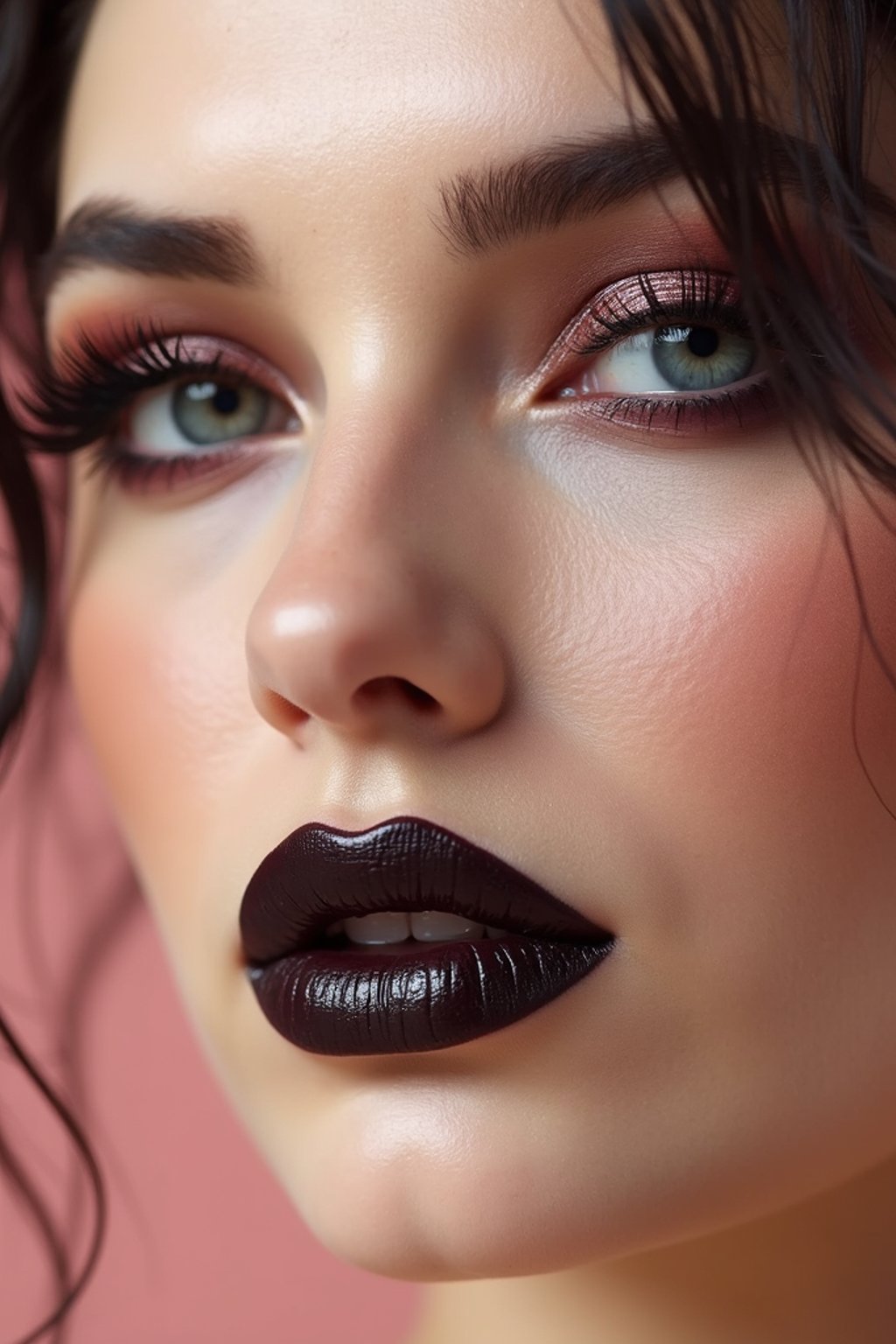 close-up of Edgy makeup look with dark, glossy lips and contoured cheeks. set against a soft, pastel background