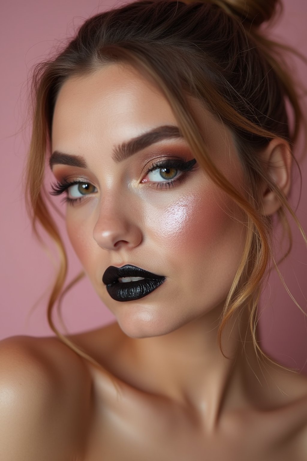 close-up of Edgy makeup look with dark, glossy lips and contoured cheeks. set against a soft, pastel background