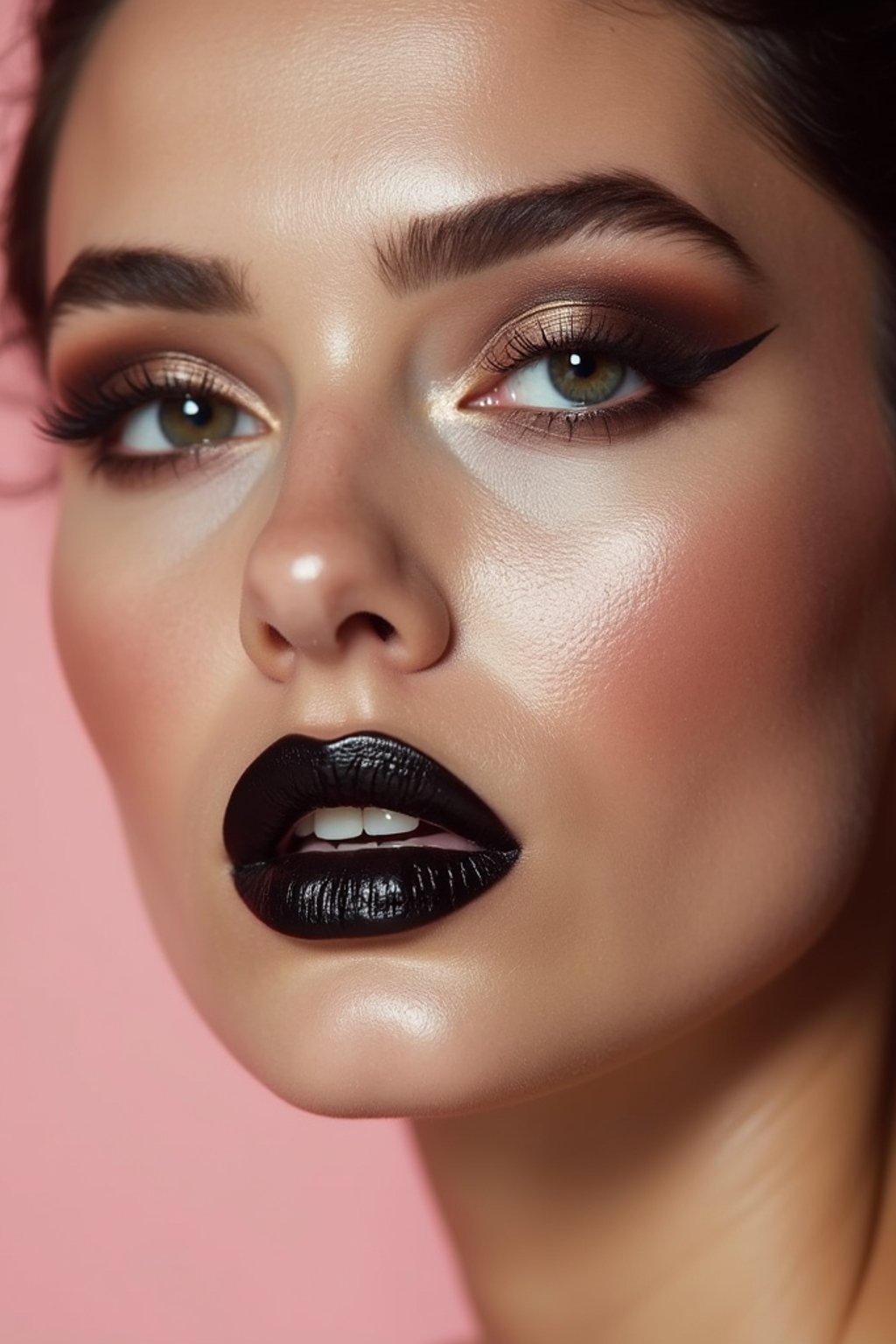 close-up of Edgy makeup look with dark, glossy lips and contoured cheeks. set against a soft, pastel background