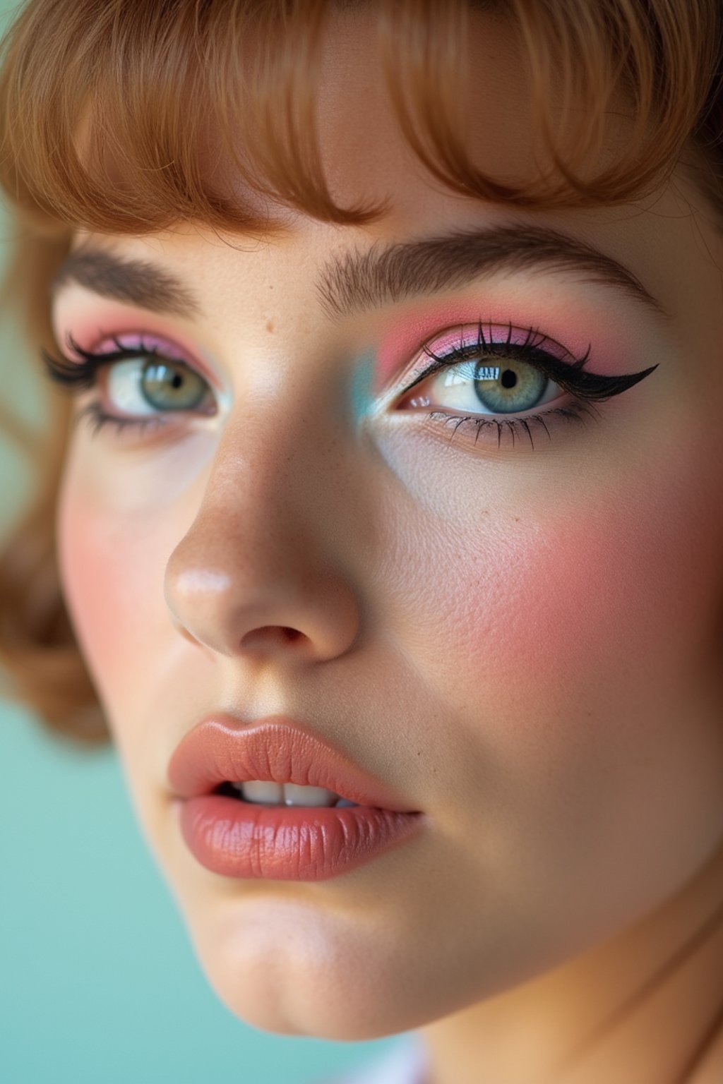 close-up of Model with a retro 60s makeup vibe, featuring thick eyeliner and pastel eyeshadow, paired with a vintage hairstyle. set against a soft, pastel background