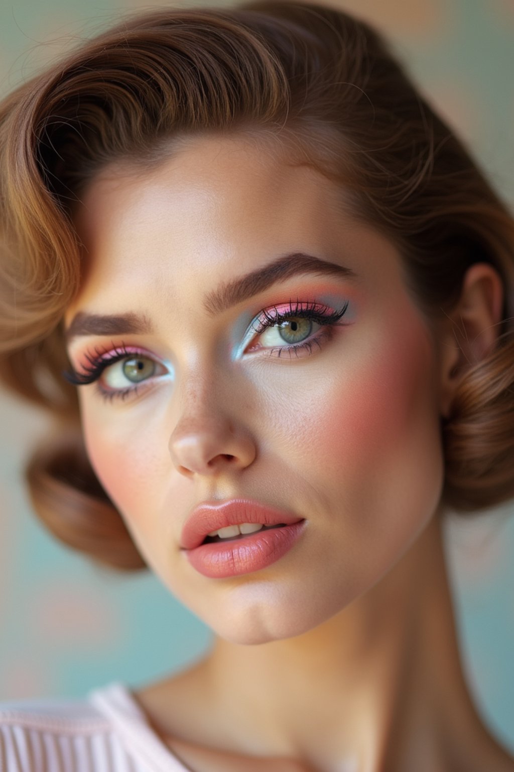 close-up of Model with a retro 60s makeup vibe, featuring thick eyeliner and pastel eyeshadow, paired with a vintage hairstyle. set against a soft, pastel background