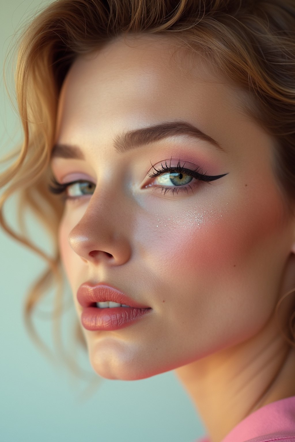 close-up of Model with a retro 60s makeup vibe, featuring thick eyeliner and pastel eyeshadow, paired with a vintage hairstyle. set against a soft, pastel background