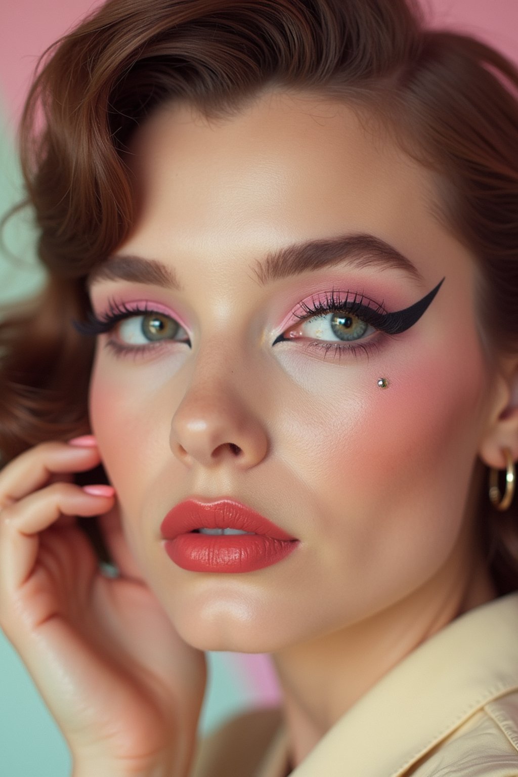 close-up of Model with a retro 60s makeup vibe, featuring thick eyeliner and pastel eyeshadow, paired with a vintage hairstyle. set against a soft, pastel background