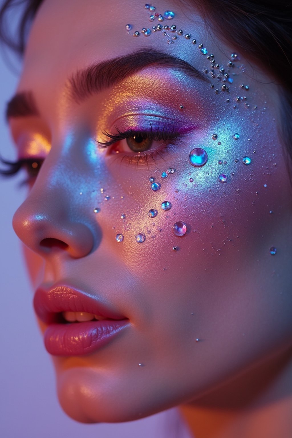 close-up of Artistic makeup with face jewels and iridescent highlighter, captured under a UV light for a glowing effect. set against a soft, pastel background