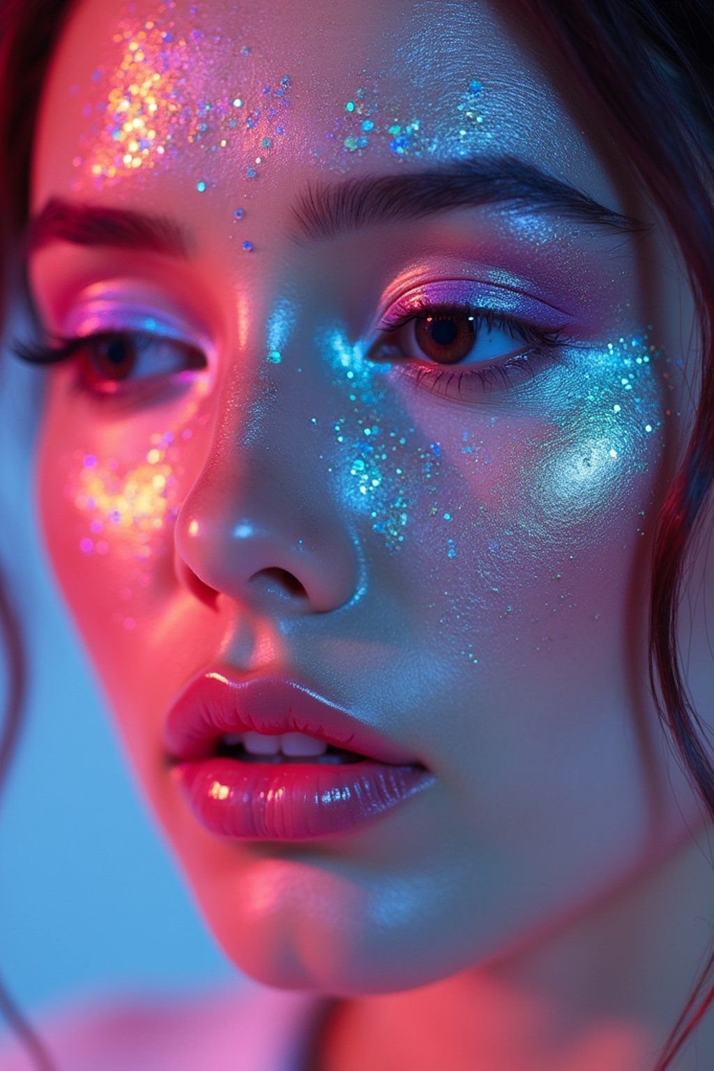 close-up of Artistic makeup with face jewels and iridescent highlighter, captured under a UV light for a glowing effect. set against a soft, pastel background