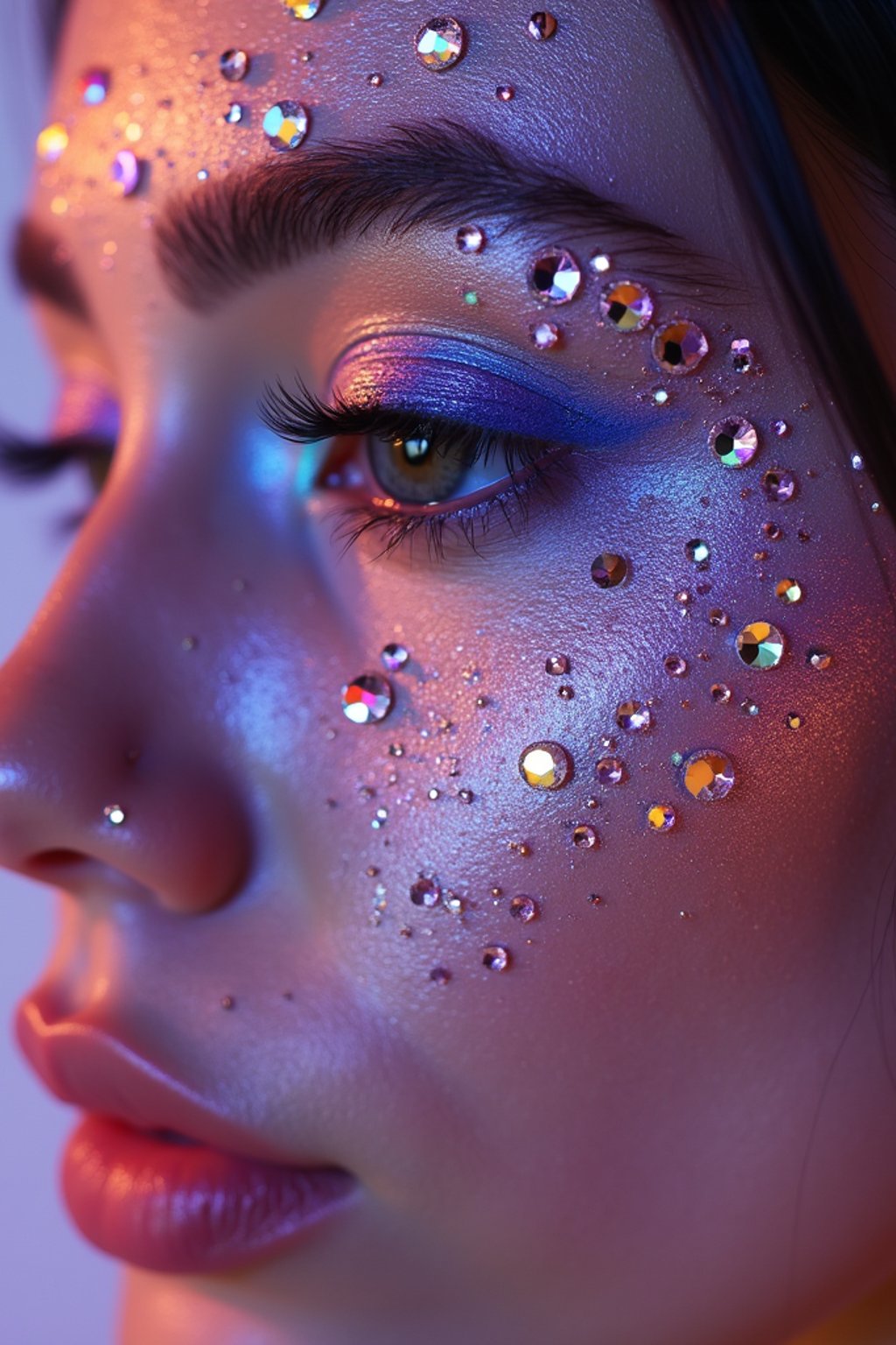 close-up of Artistic makeup with face jewels and iridescent highlighter, captured under a UV light for a glowing effect. set against a soft, pastel background