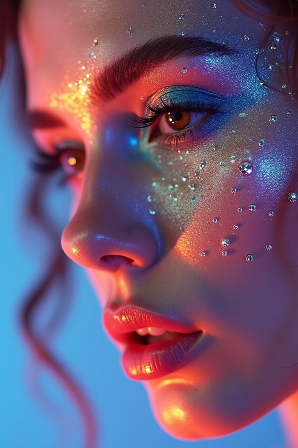 close-up of Artistic makeup with face jewels and iridescent highlighter, captured under a UV light for a glowing effect. set against a soft, pastel background