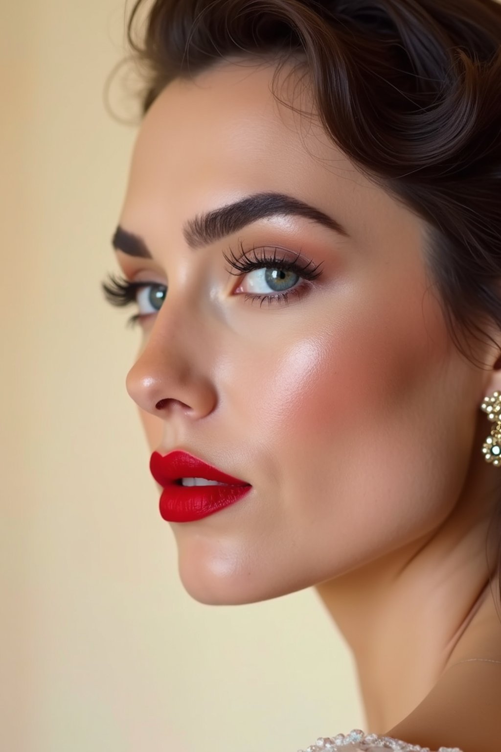 close-up of Elegant profile shot of a woman with classic Hollywood makeup, featuring bold eyebrows and red lips. set against a soft, pastel background