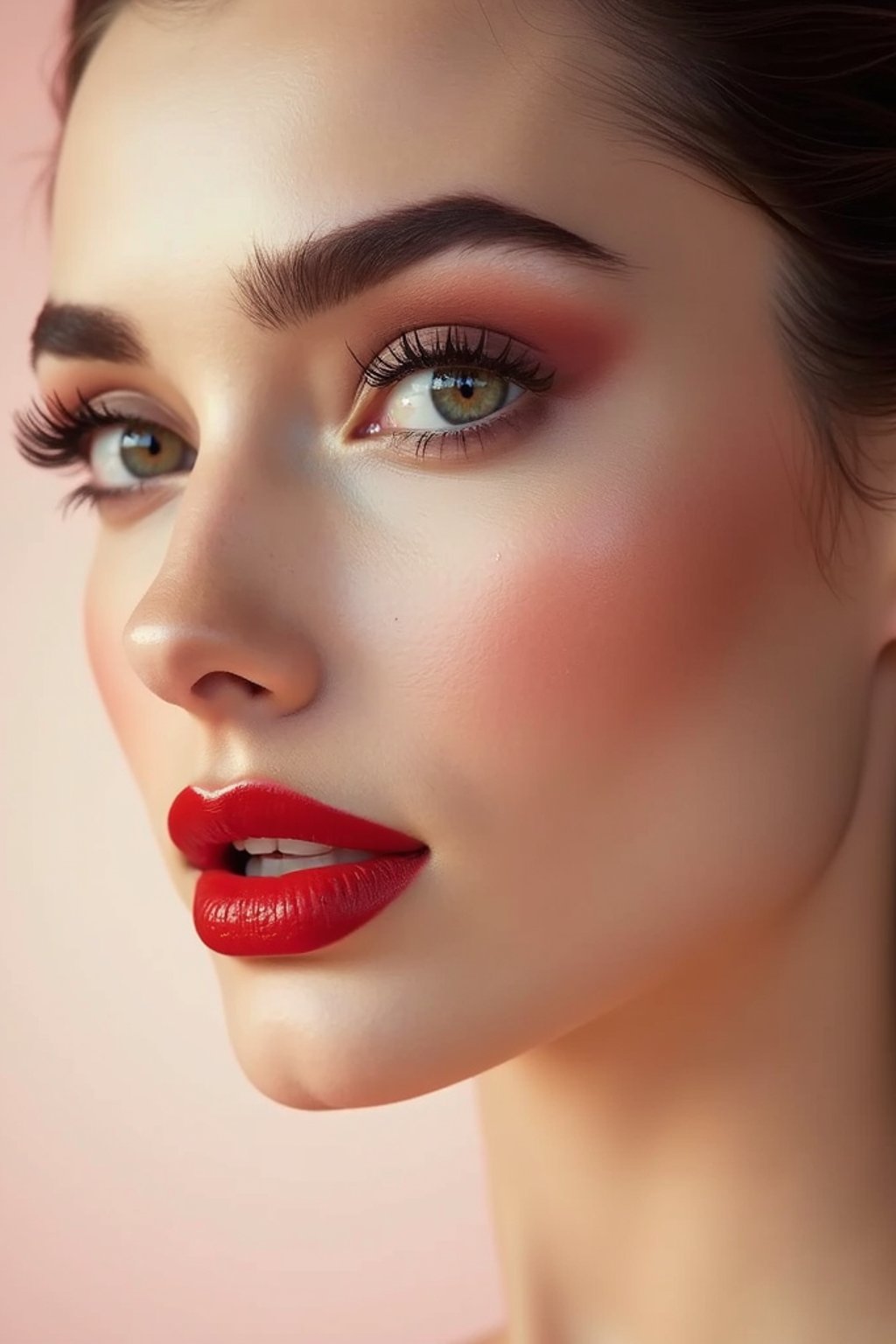 close-up of Elegant profile shot of a woman with classic Hollywood makeup, featuring bold eyebrows and red lips. set against a soft, pastel background