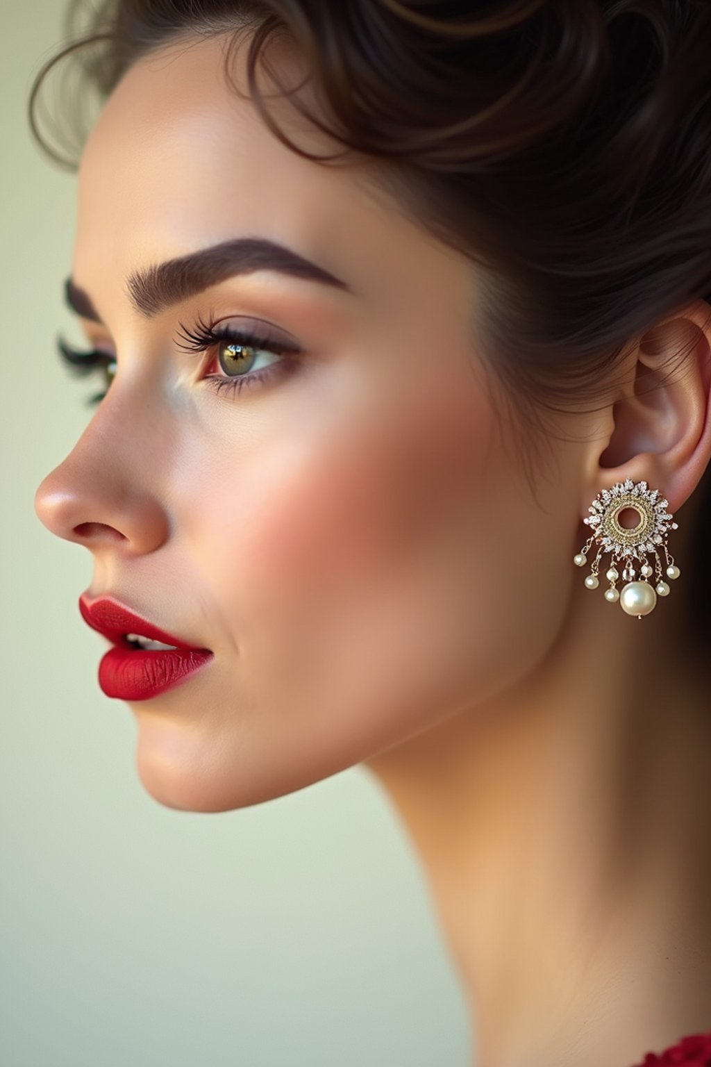 close-up of Elegant profile shot of a woman with classic Hollywood makeup, featuring bold eyebrows and red lips. set against a soft, pastel background