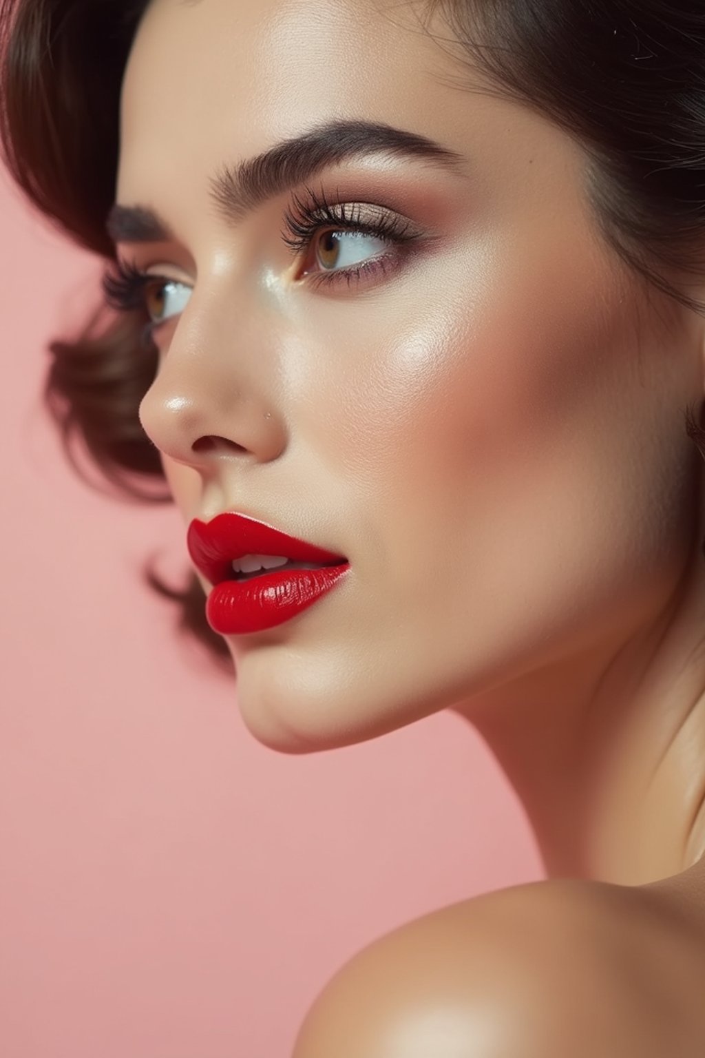 close-up of Elegant profile shot of a woman with classic Hollywood makeup, featuring bold eyebrows and red lips. set against a soft, pastel background