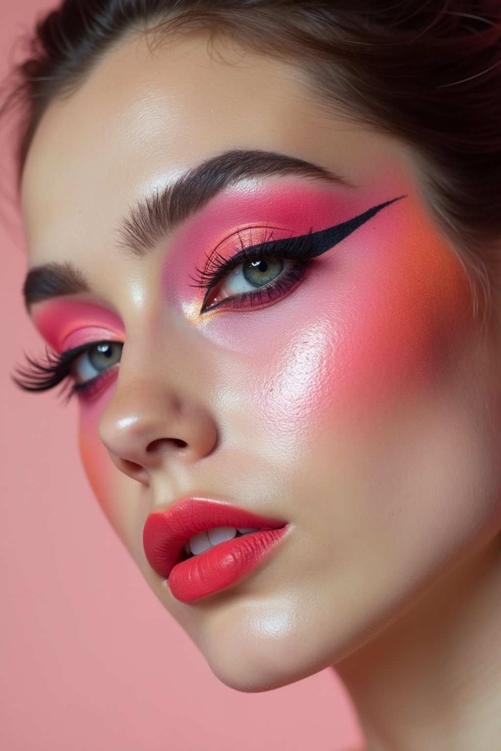 close-up of Model with an avant-garde makeup look, including graphic eyeliner shapes and vibrant cheek colors. set against a soft, pastel background